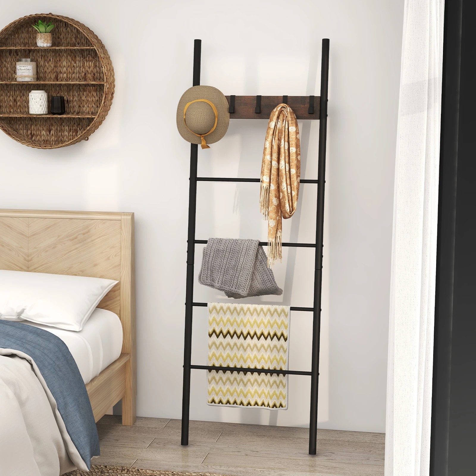 2 Costway 5-Tier Ladder Shelf Wall Leaning Blanket Ladder Rack w/5 Removable Hooks, 2 of 4