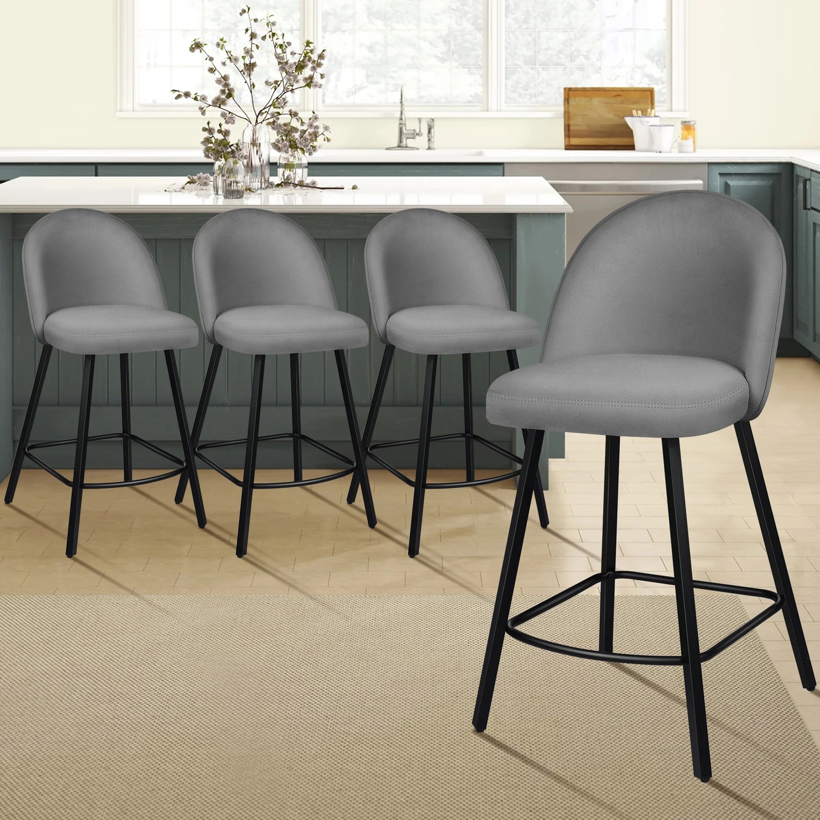 2 Alfordson 4x Bar Stools Velvet Chair - Grey, 2 of 9