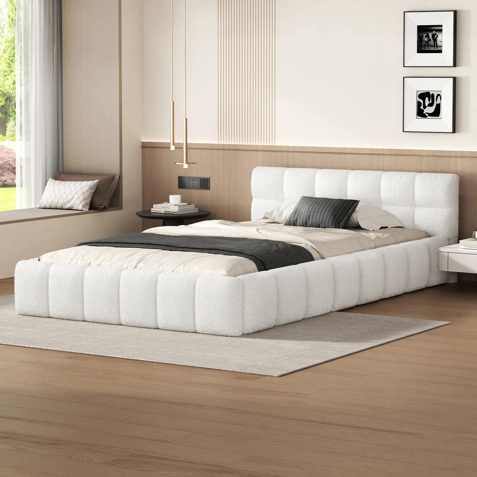 2 Alfordson Bed Frame Single Size Tufted Headboard Foundation Boucle Talmon - White, 2 of 10