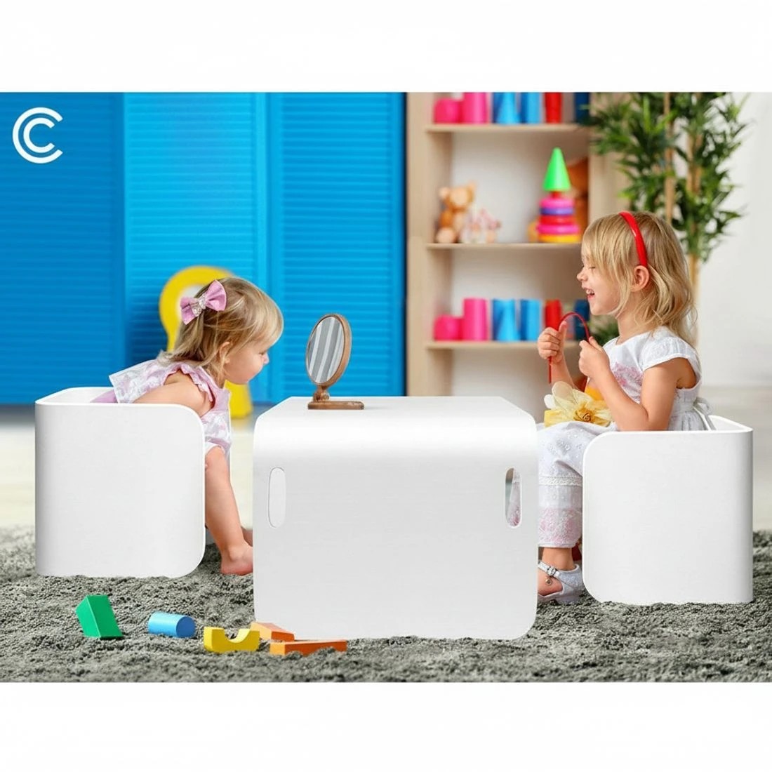 4 Keezi 3PCS Kids Table and Chairs Set Multifunctional Storage Desk - White, 4 of 5