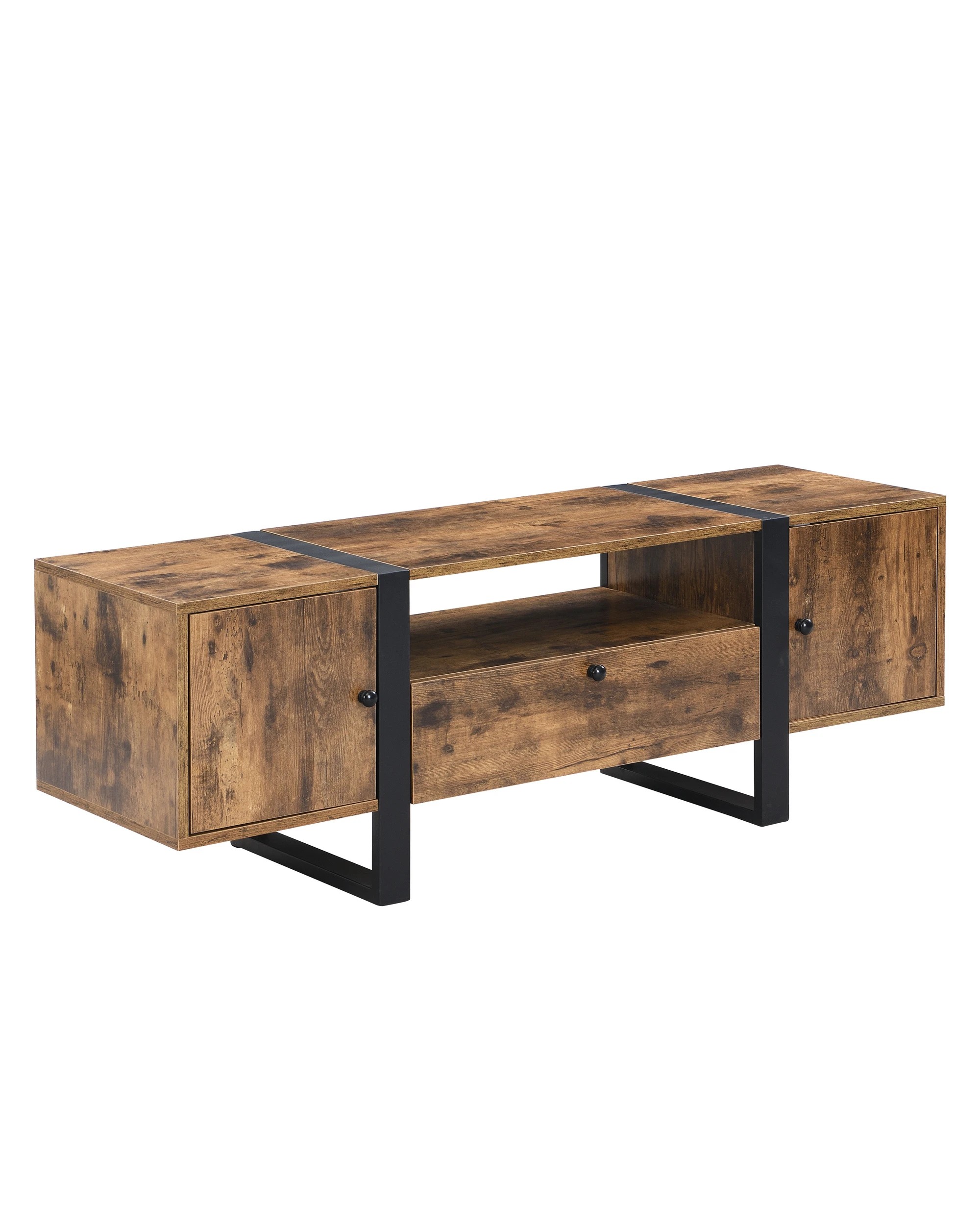 4 IHOMDEC TV Cabinet MDF Steel Rustic Dark Brown 3 Cabinets and Open Shelf, 4 of 5