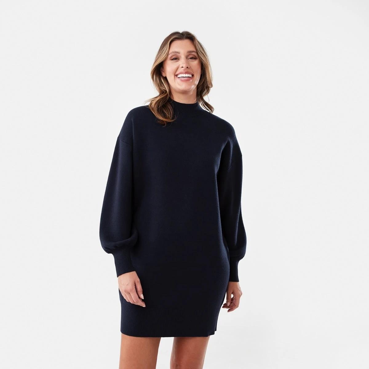 1 Long Sleeve Mock Neck True Knit Mini Dress Navy Blaze, 1 of 7