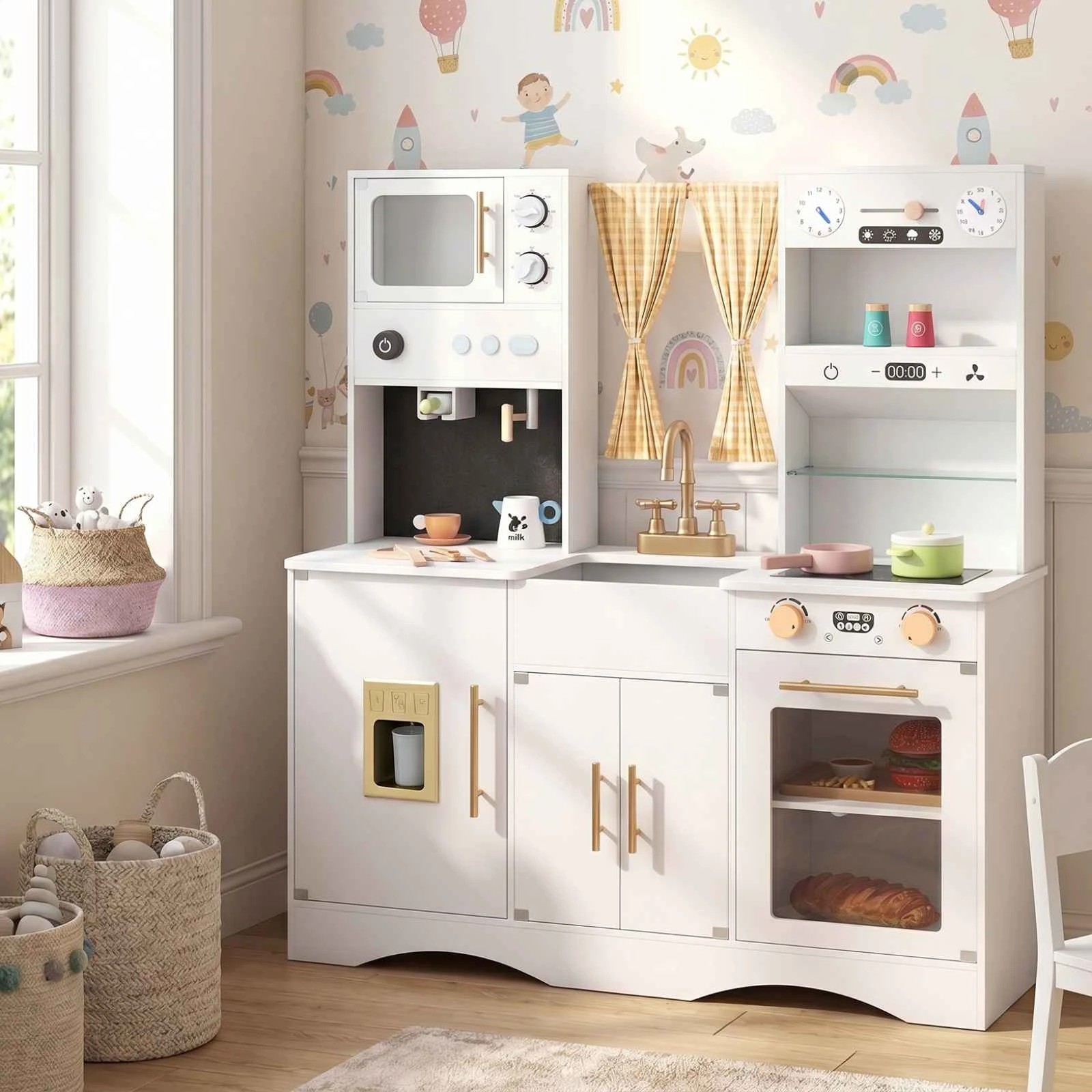 2 Costway Kitchen Playset Wooden Cooking Pretend Toy Set - White, 2 of 3