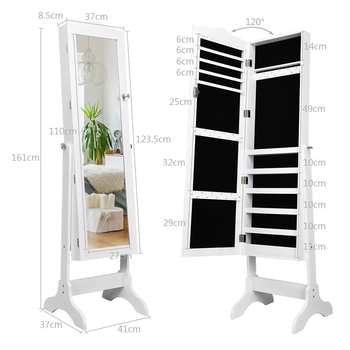 4 Costway Mirror Jewellery Cabinet Wooden Jewelry Organiser Box Makeup Cosmetics Storage - White, 4 of 5
