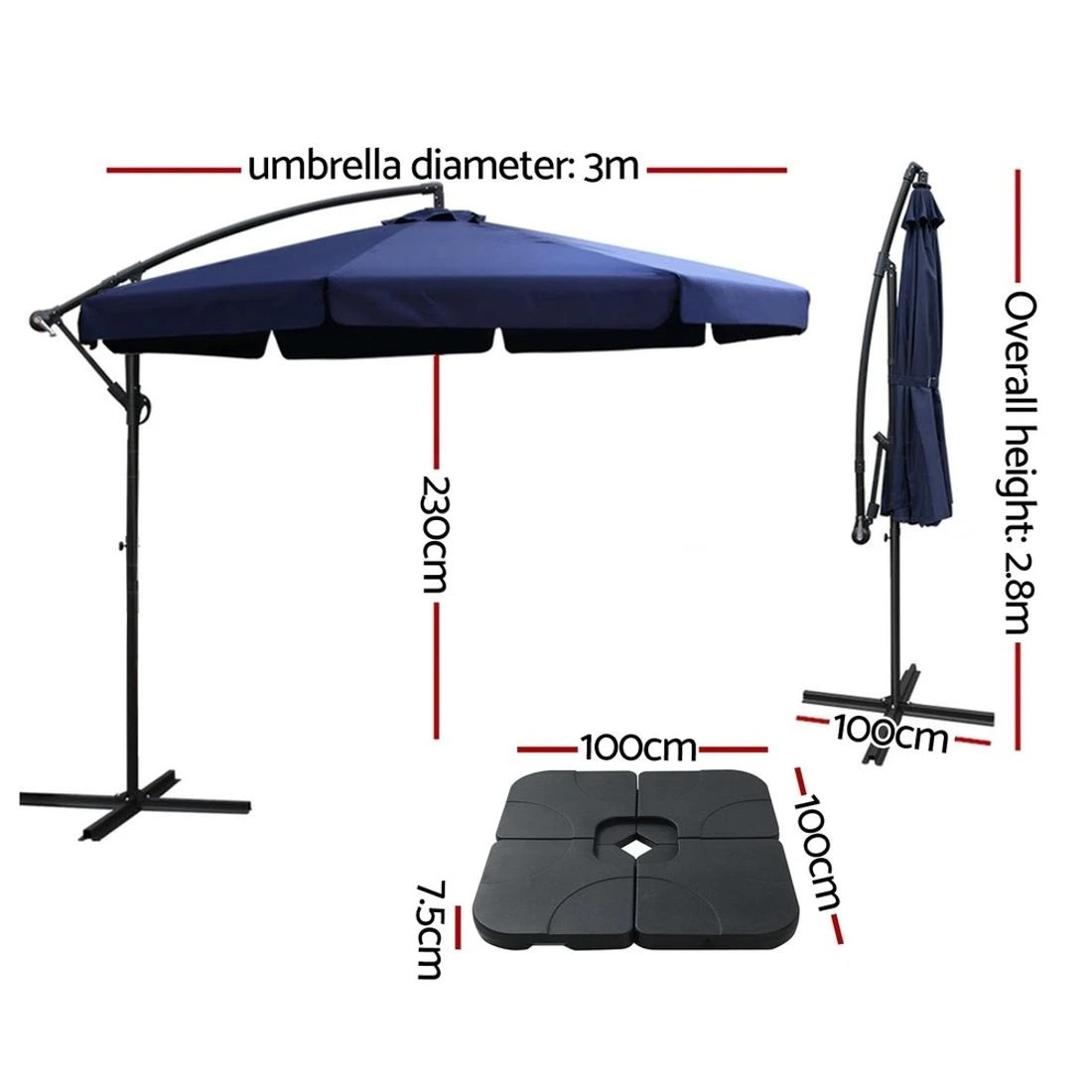 3 Instahut 3m Outdoor Umbrella w/Base Cantilever Garden Beach Patio - Blue, 3 of 6