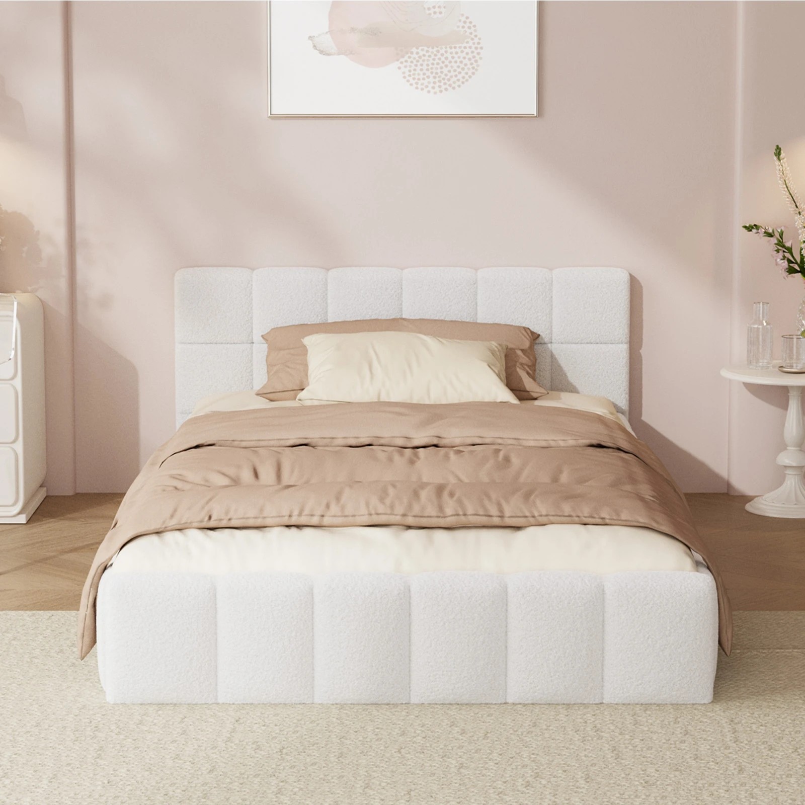 4 Oikiture Bed Frame King Single Size Tufted Headboard Boucle - White, 4 of 7