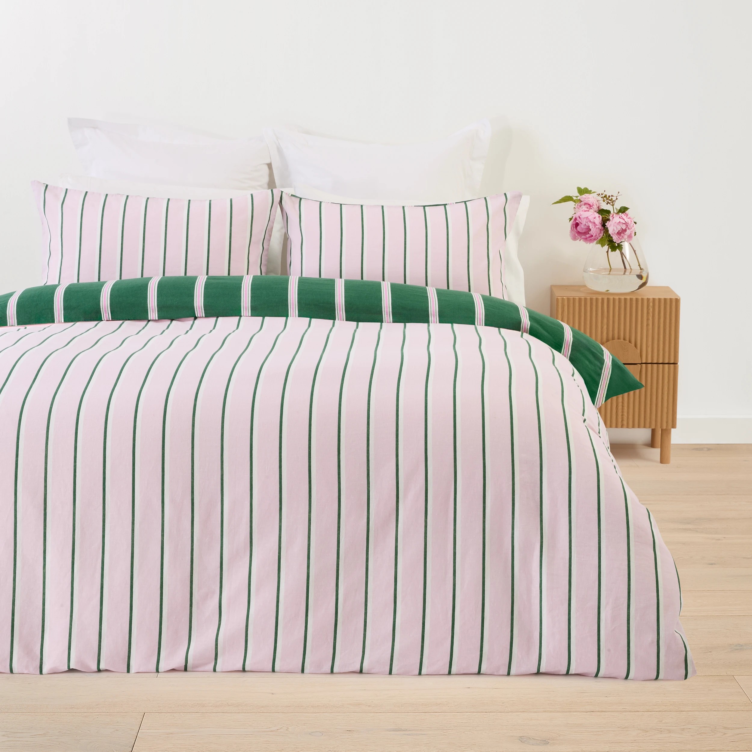 3 Stripe Linen Cotton Reversible Quilt Cover Set - King Bed, Pesto, 3 of 9