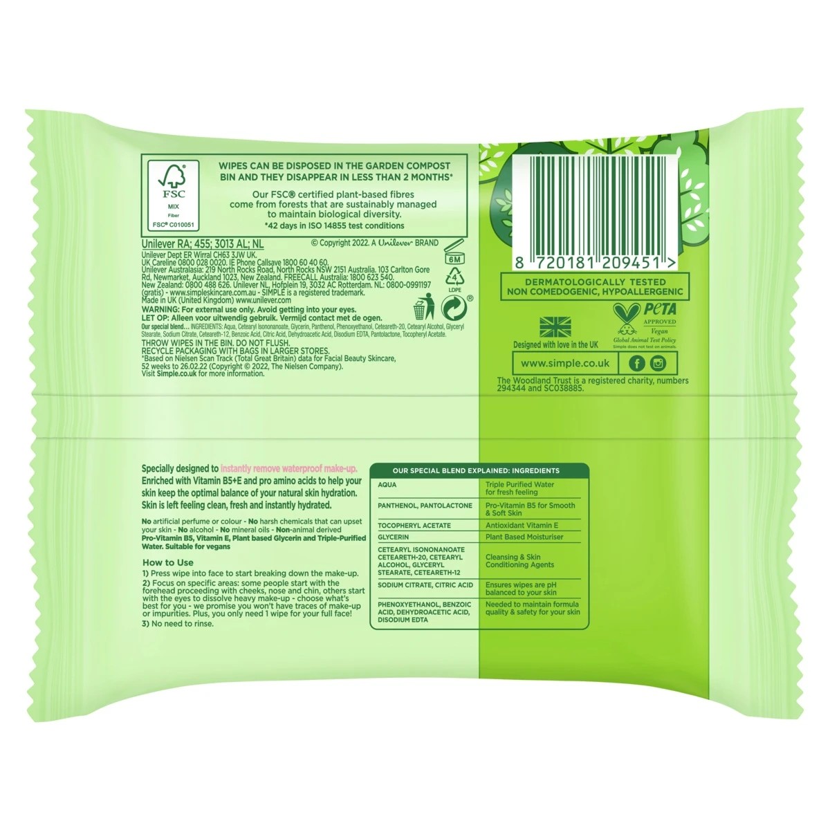 2 50 Pack Simple Kind to Skin Biodegradable Cleansing Wipes - Vitamin B5, Vitamin E and Pro Amino Acids, 2 of 9