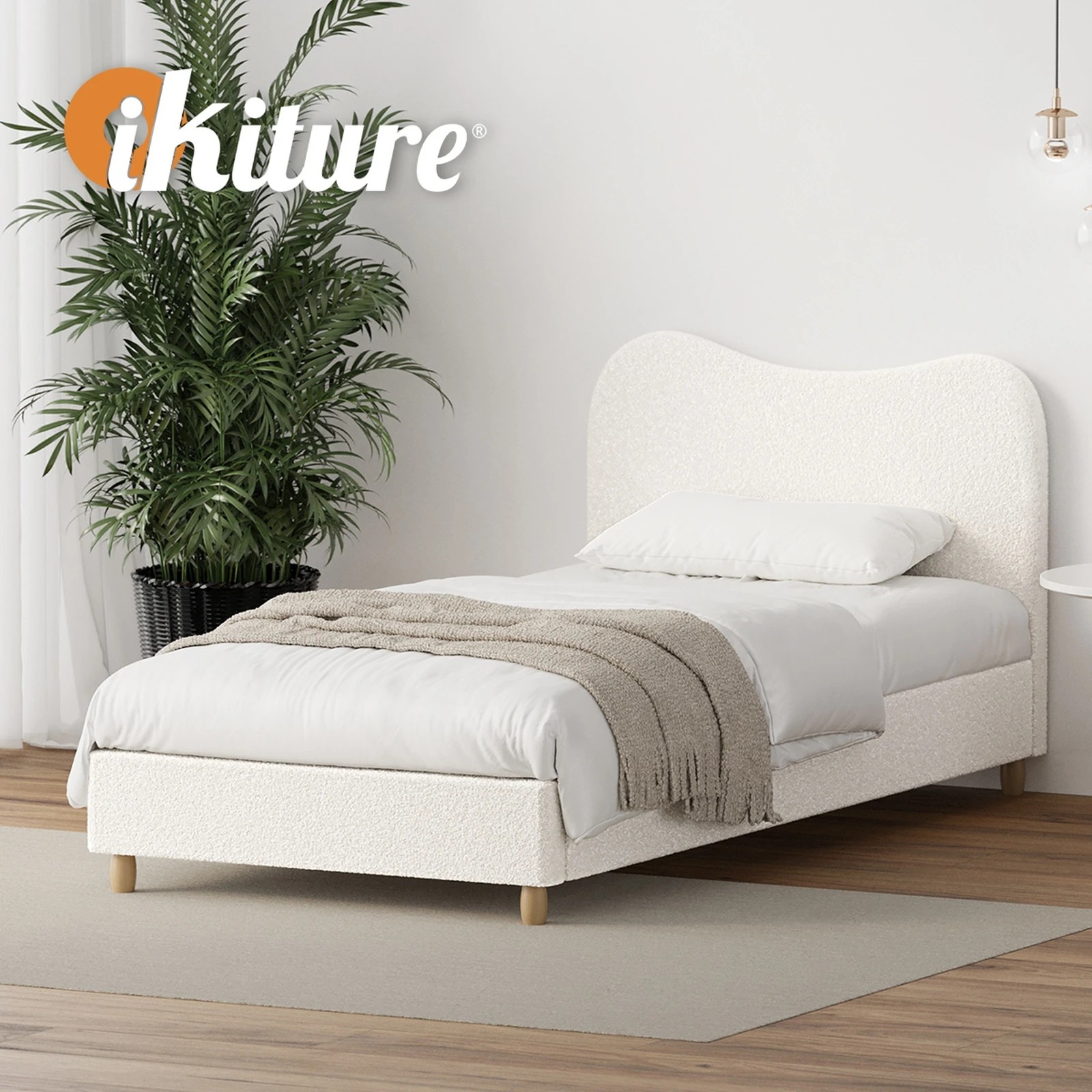 7 Oikiture Bed Frame Single Size Boucle Cloud Shape Headboard - White, 7 of 9