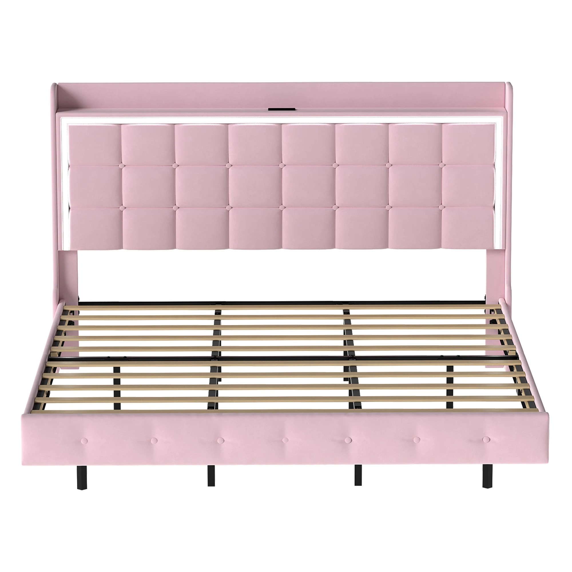 2 Levede King  Bed Frame with LED and Charging Station - Pink, 2 of 9