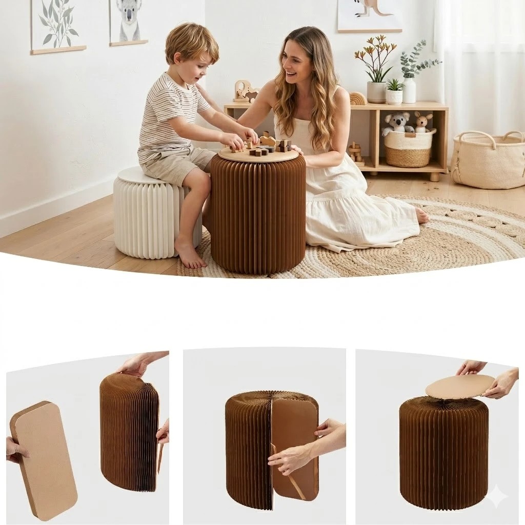 4 Artiss Accordion Folding Paper Stools Set Includes 2 Cushions Natural Kraft 100KG Capacity - Multi, 4 of 10