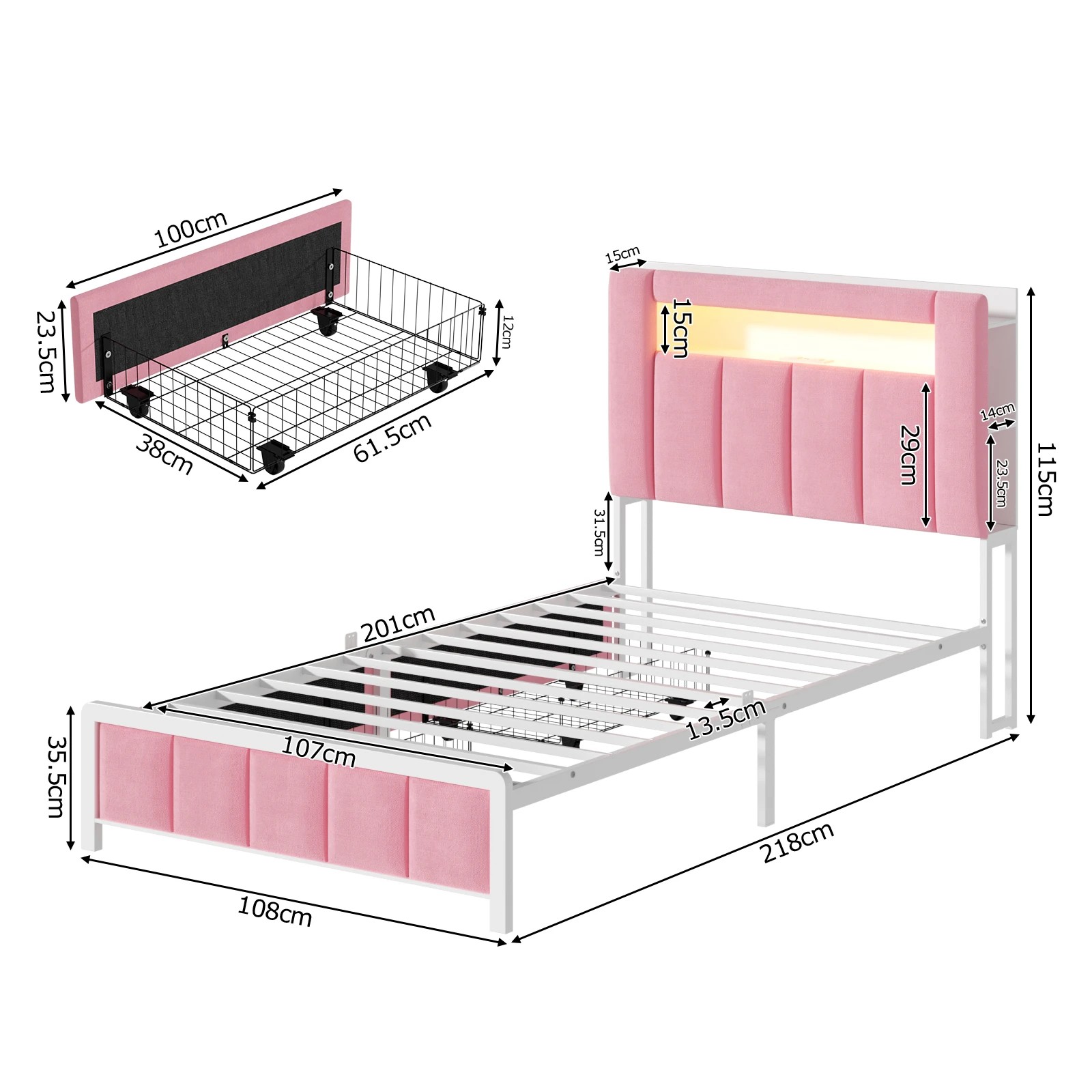 3 Advwin Kingsingle Bed Frame with LED Shelves and Charging Station - Pink, 3 of 7
