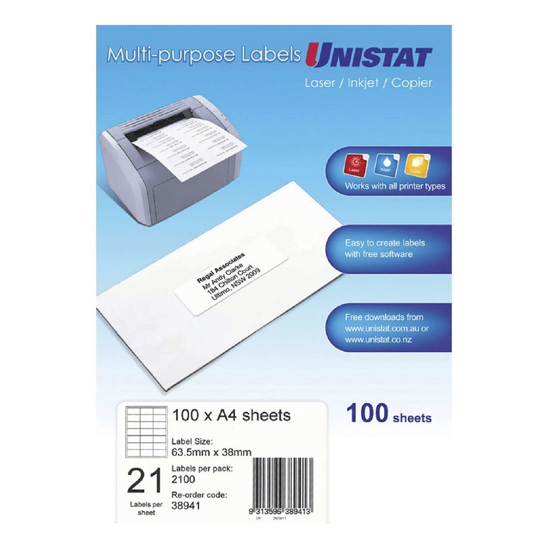 1 Unistat 21UP Inkjet Laser Labels 100 Sheets, 1 of 1