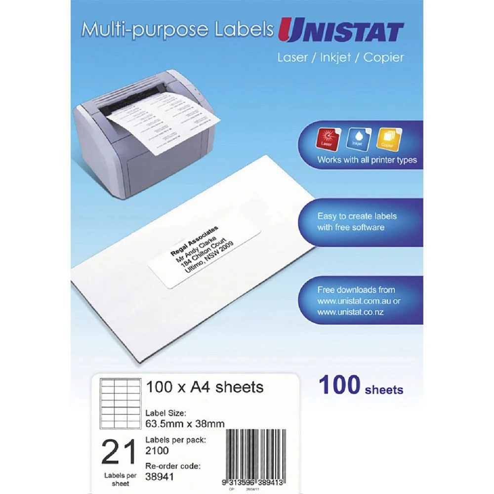 1 Unistat 21UP Inkjet Laser Labels 100 Sheets, 1 of 1