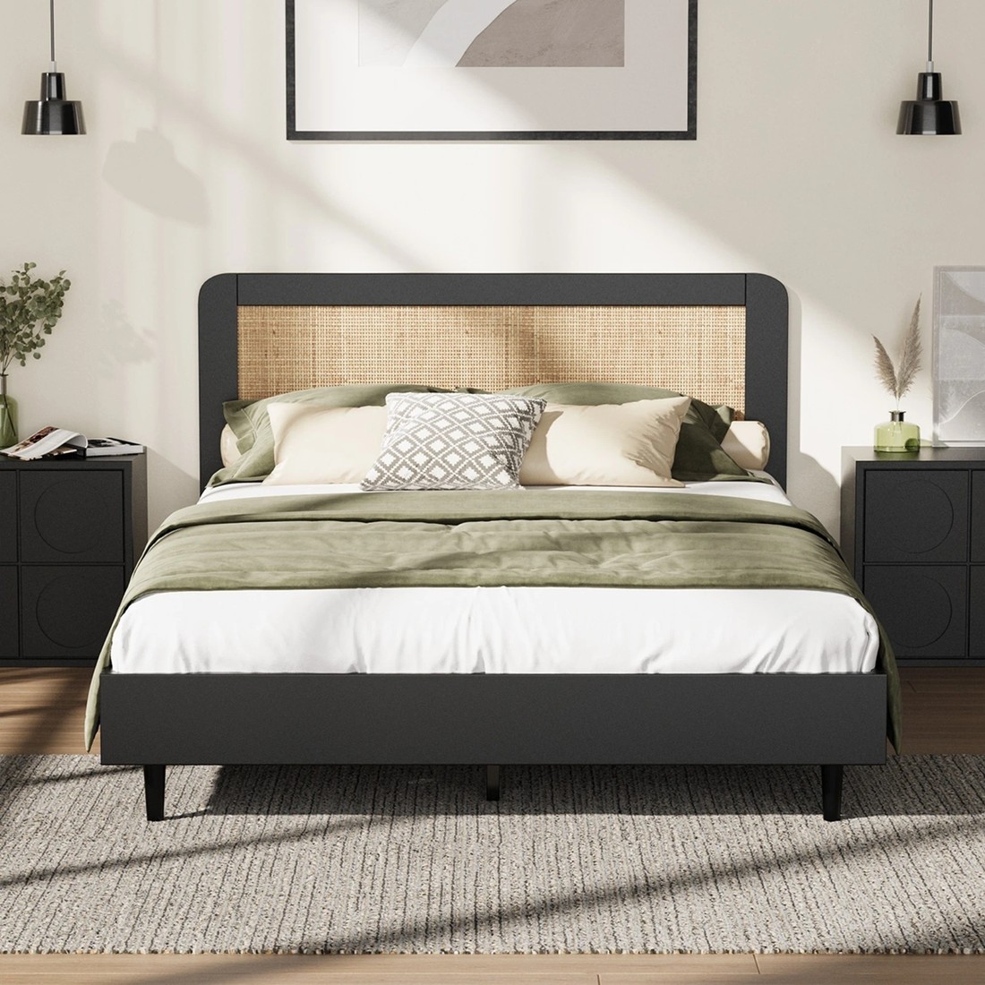 3 Oikiture Queen Bed Wooden Bed Frame With Rattan Headboard
 - Black, 3 of 10