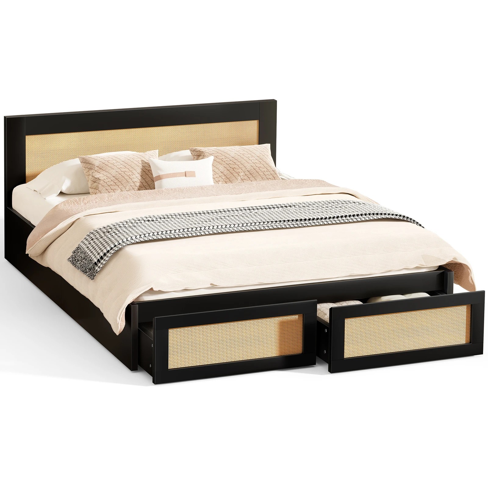 1 Alfordson Wooden Bed Frame Queen Size Rattan Bed Base with Storage Drawers - Black, 1 of 10