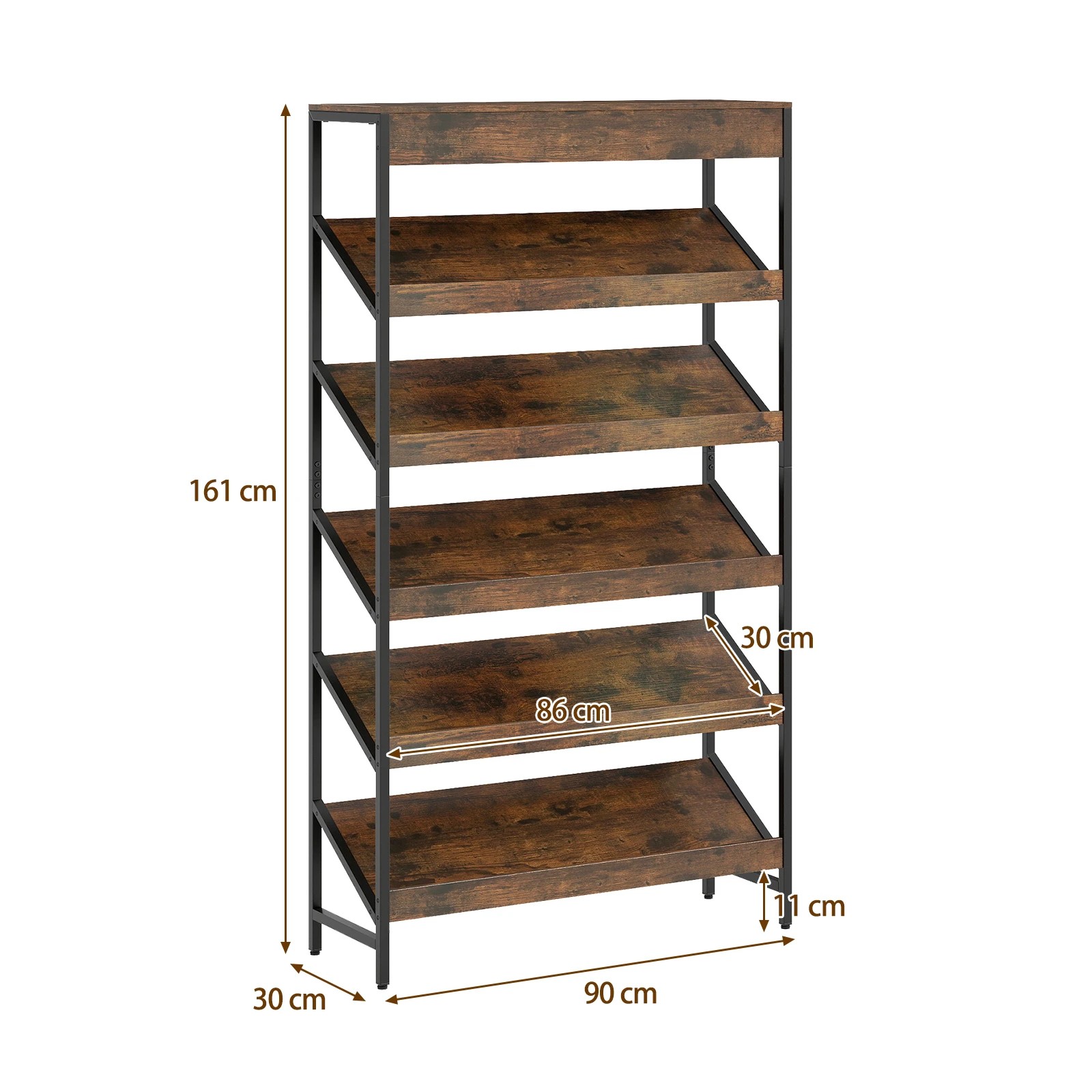 5 Costway 6 Tier Bookshelf 161cm Tall Slant Display Shelf Metal Newspaper Rack Organiser - Brown, 5 of 5