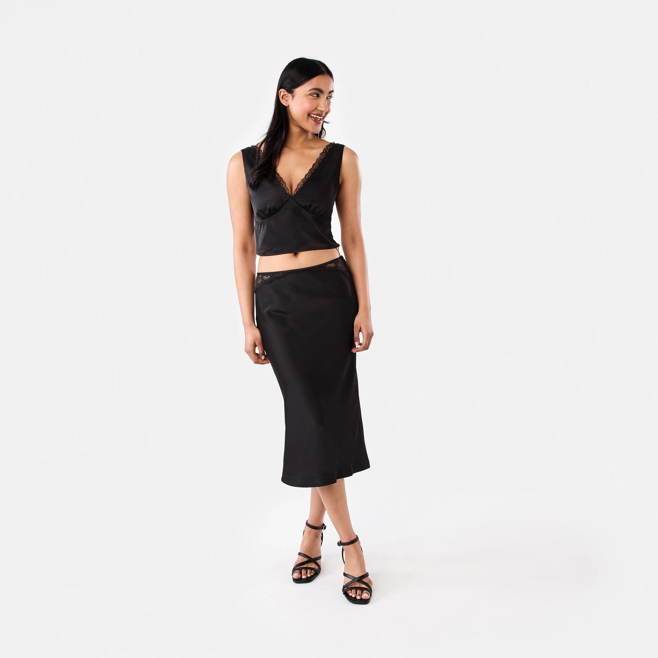 2 Satin Midi Skirt Black, 2 of 5