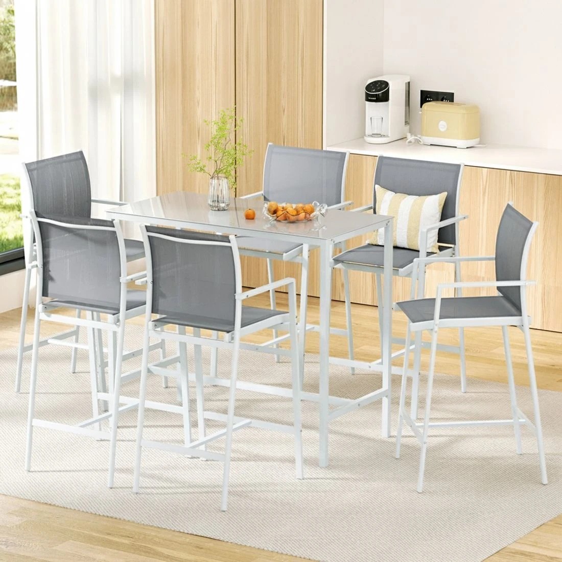 6 Gardeon 7PCS Outdoor Bar Set Stools Dining Chairs Table Patio Steel Bistro Set - White, 6 of 6