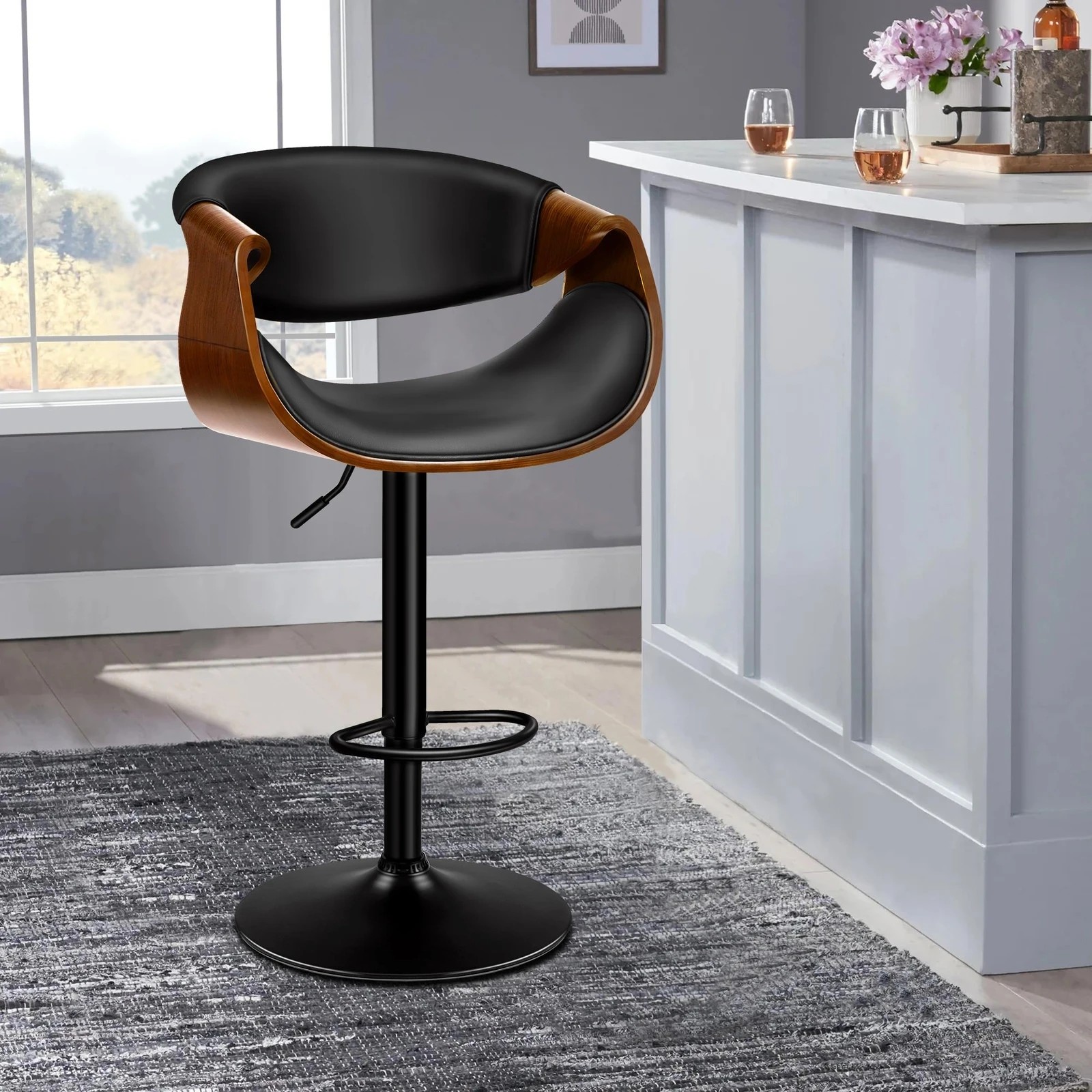 2 Alfordson 1x Bar Stool Kitchen Swivel Chair Wooden Leather Gas Lift Trice - Black, 2 of 10