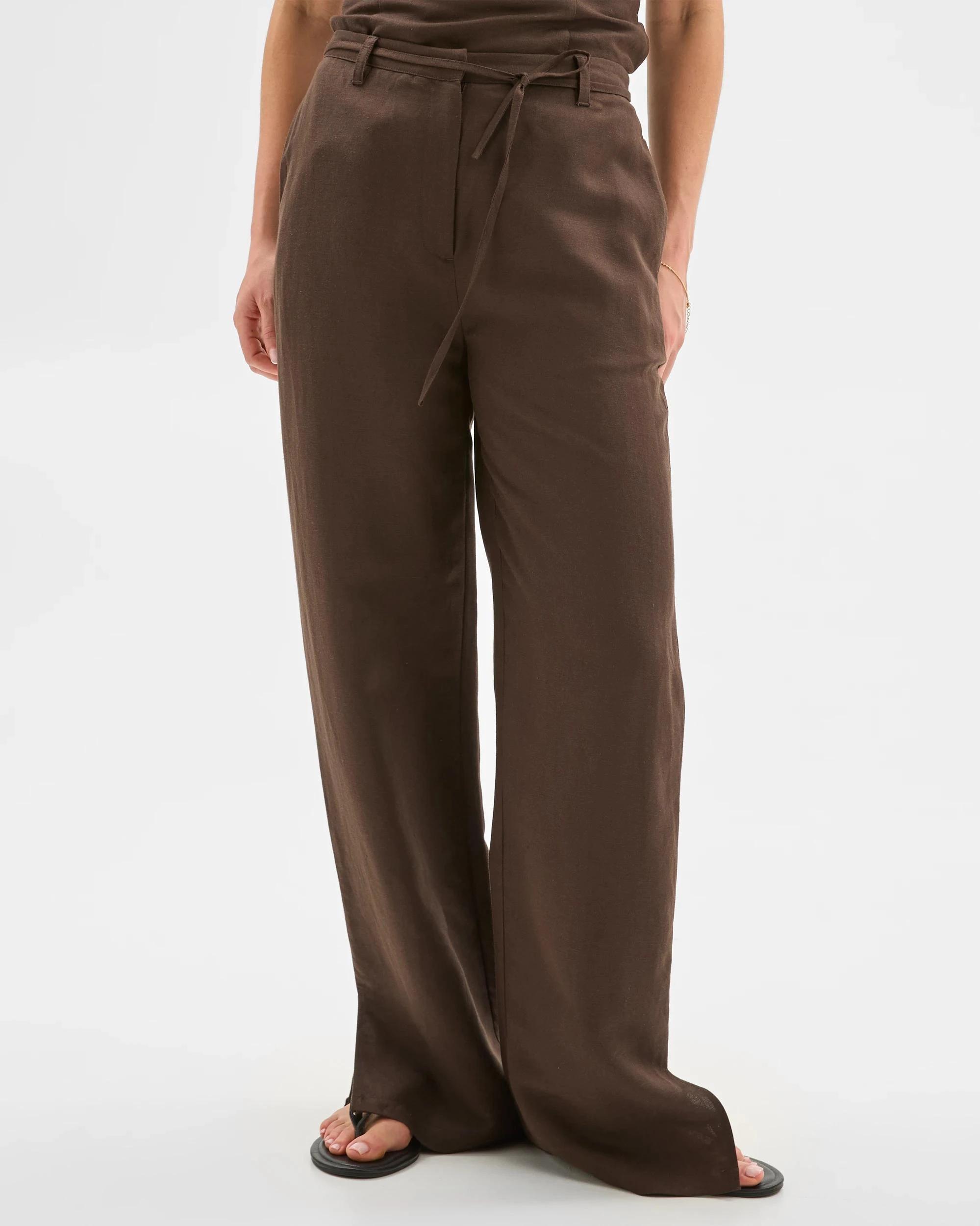 8 European Linen Blend Tie Detail Pants - Lily Loves DEEP BROWN, 8 of 10
