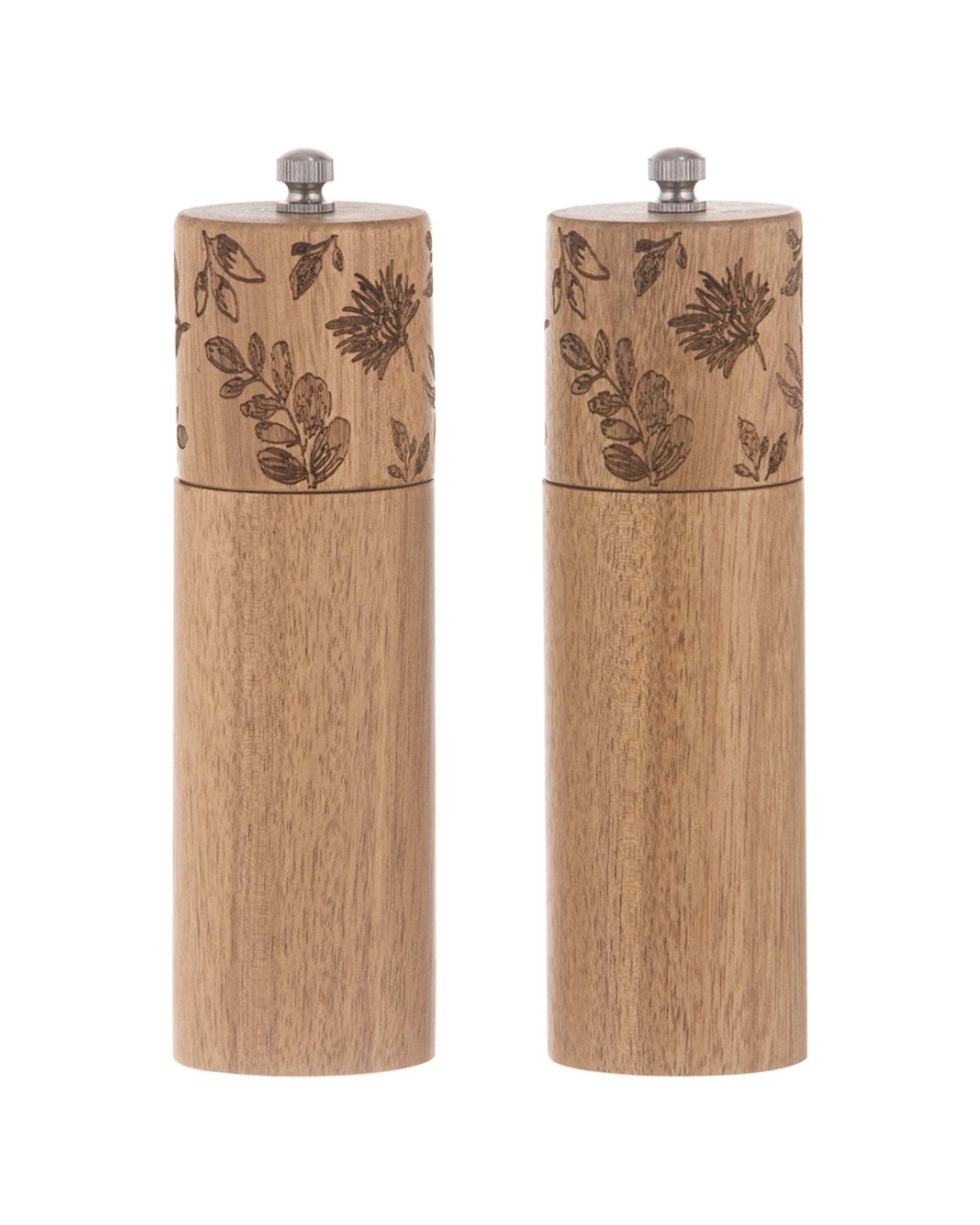 1 Ladelle 2pc Mossman Salt & Pepper Grinder Set Acacia W/ Etched Florals Wood - Natural, 1 of 4