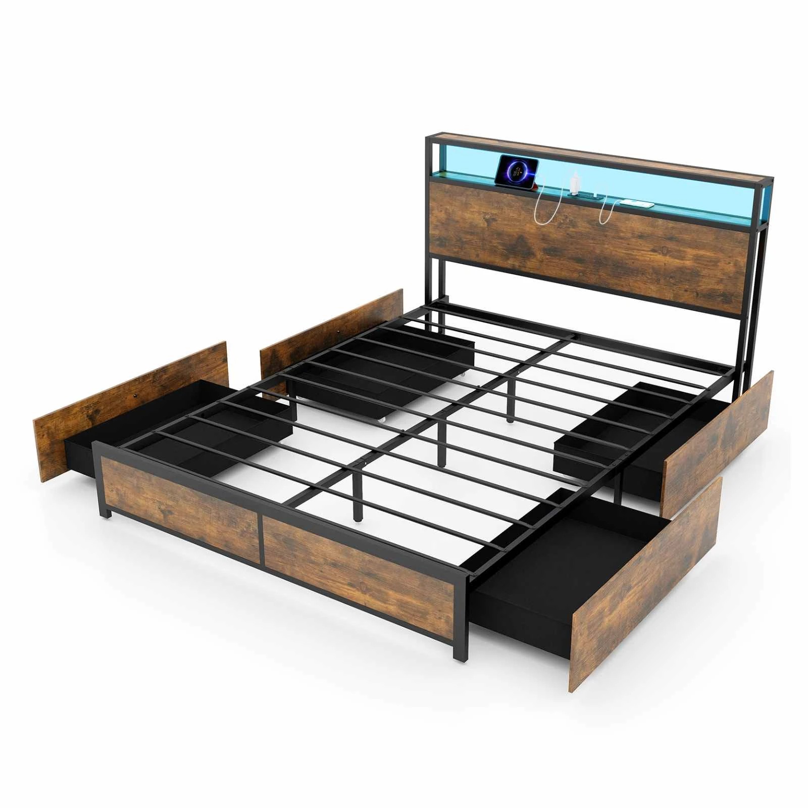 1 Costway Queen LED Metal Bed Frame Platform Bed w/Charging Station 4 Drawer Remote/App, 1 of 4