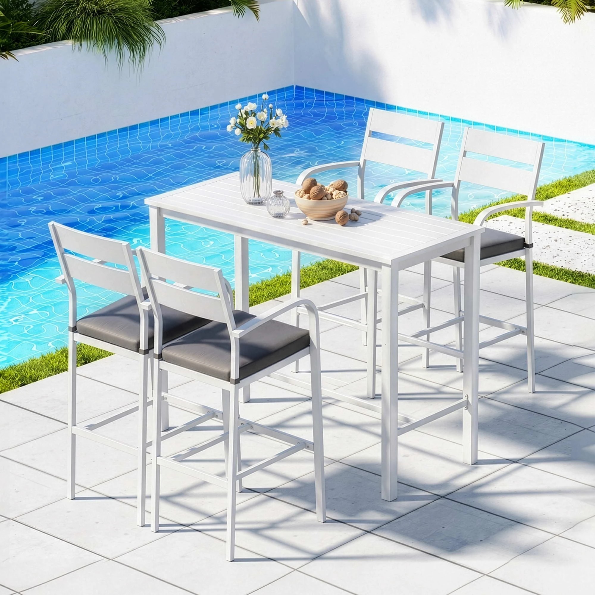 4 Gardeon Outdoor Bar Set 5-Piece Patio Dining Chairs Aluminium Table Stools - White, 4 of 8