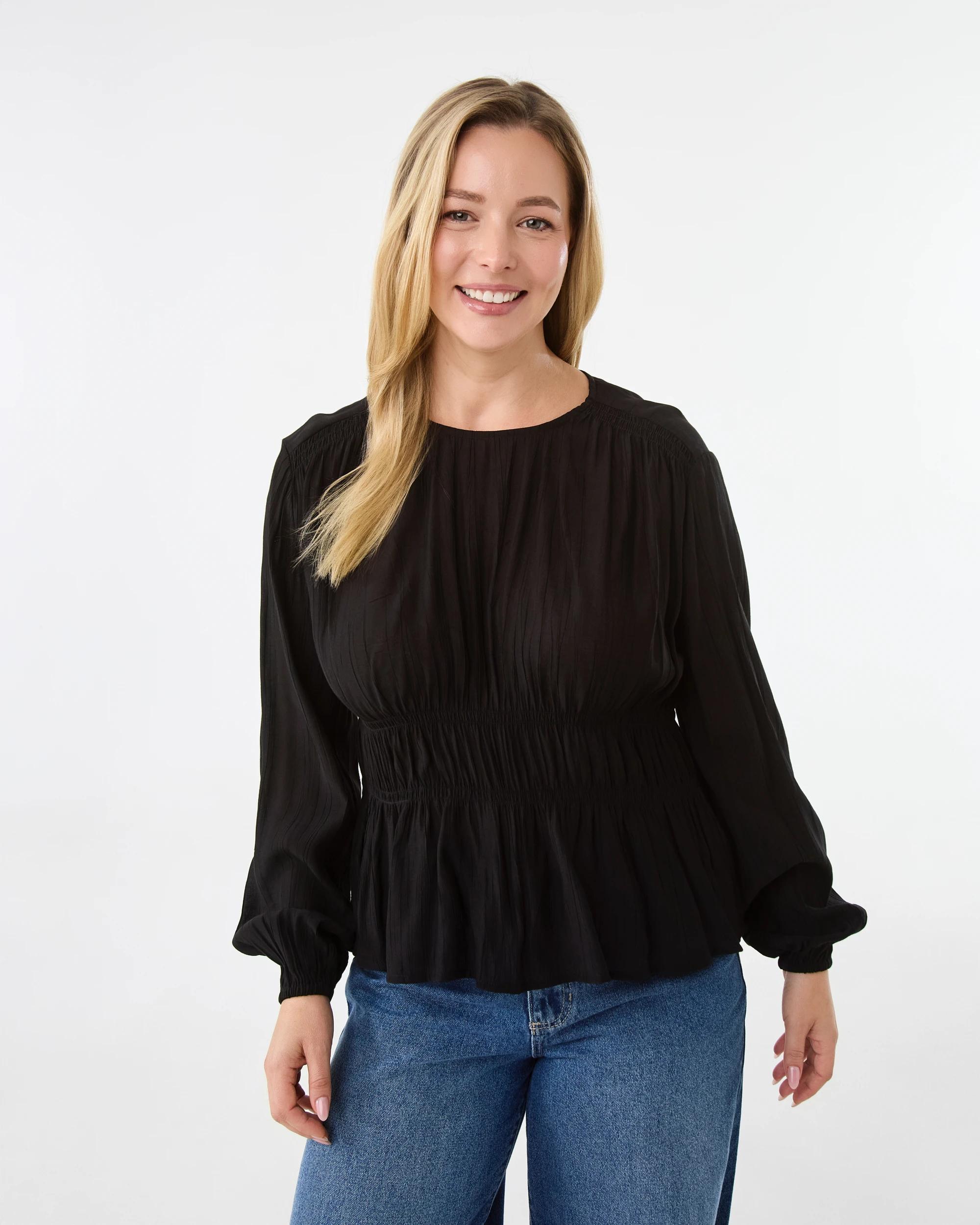 1 Long Sleeve Shirred Detail Top Black, 1 of 8