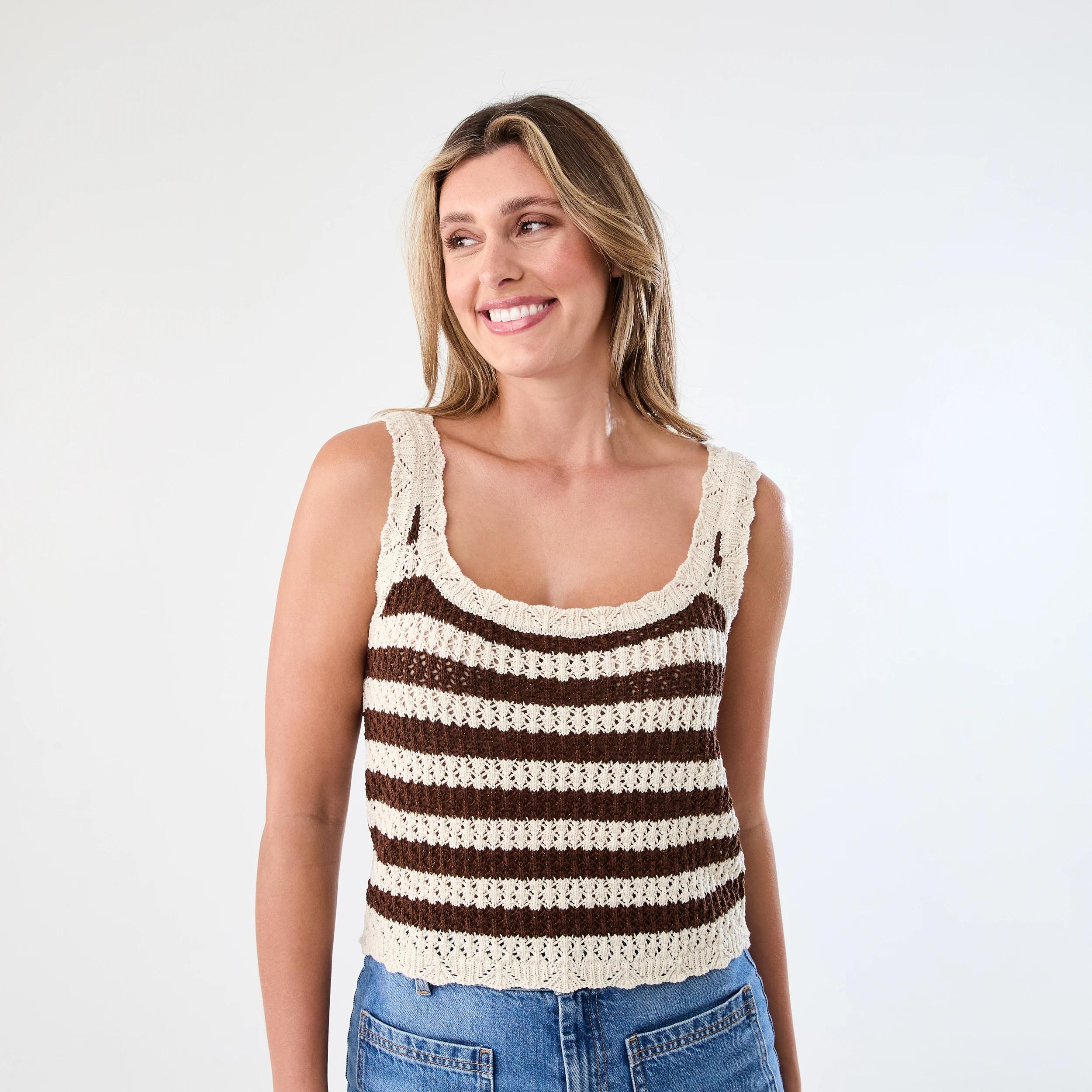 1 Square Neck Crochet Tank Choc Strp, 1 of 6