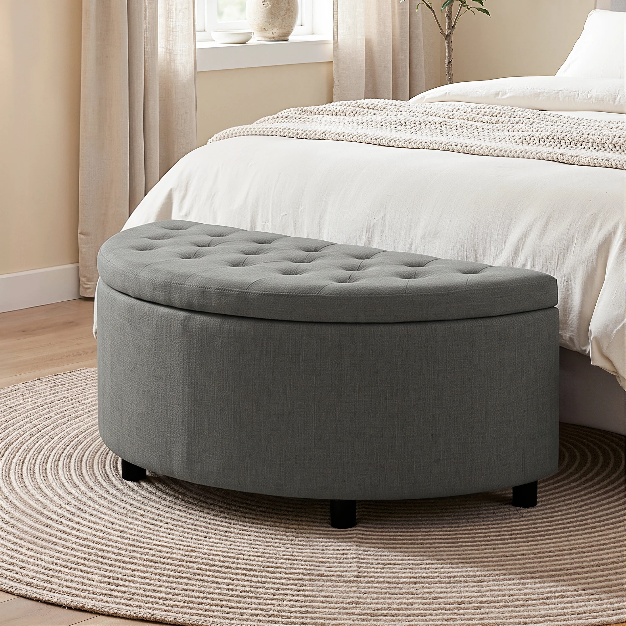 6 Artiss Storage Ottoman Bench Fabric Tufted Half Round Footstool - Grey, 6 of 6