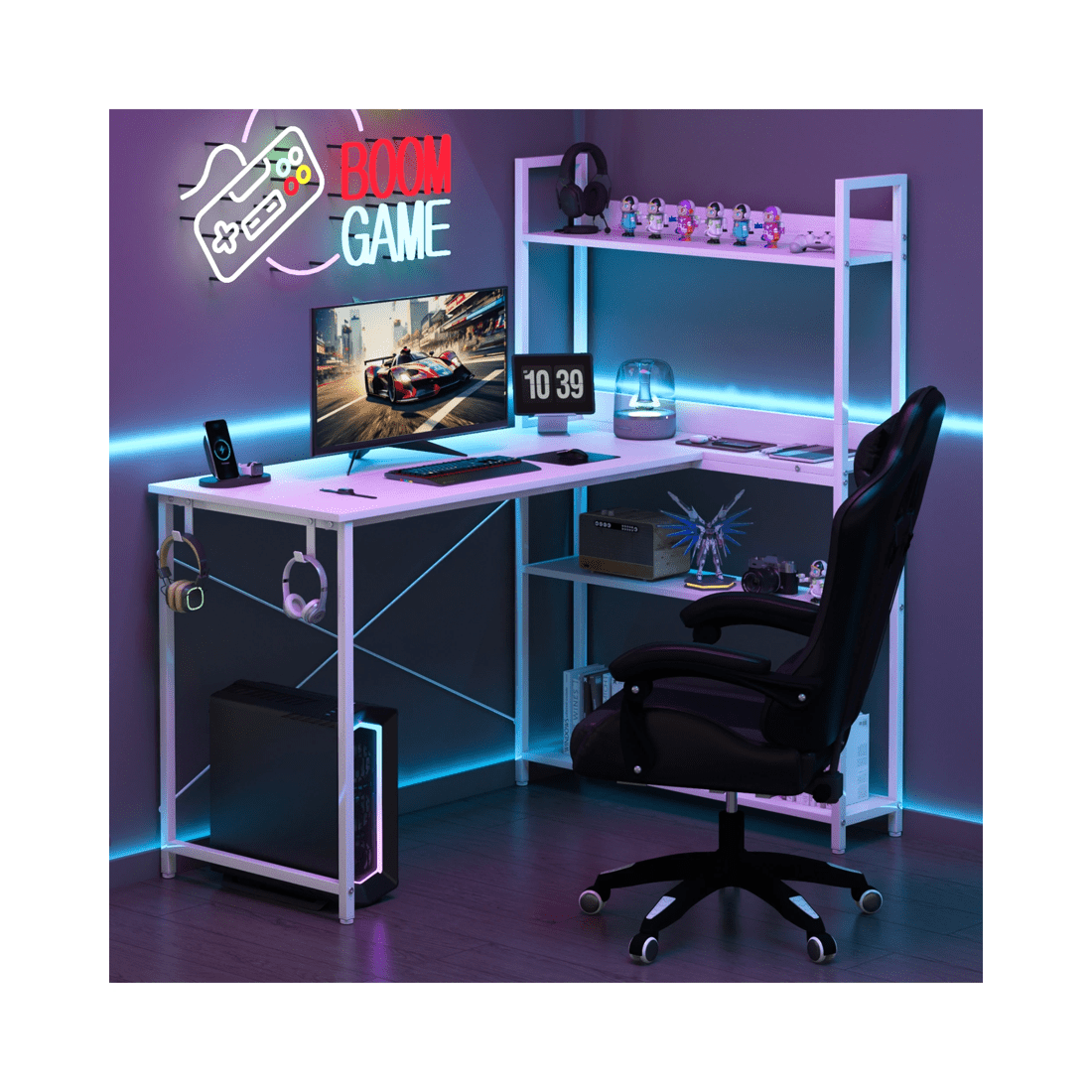 9 Advwin 120cm L Shaped Computer Desk With Reversible Storage Shelves Corner Desk White, 9 of 10