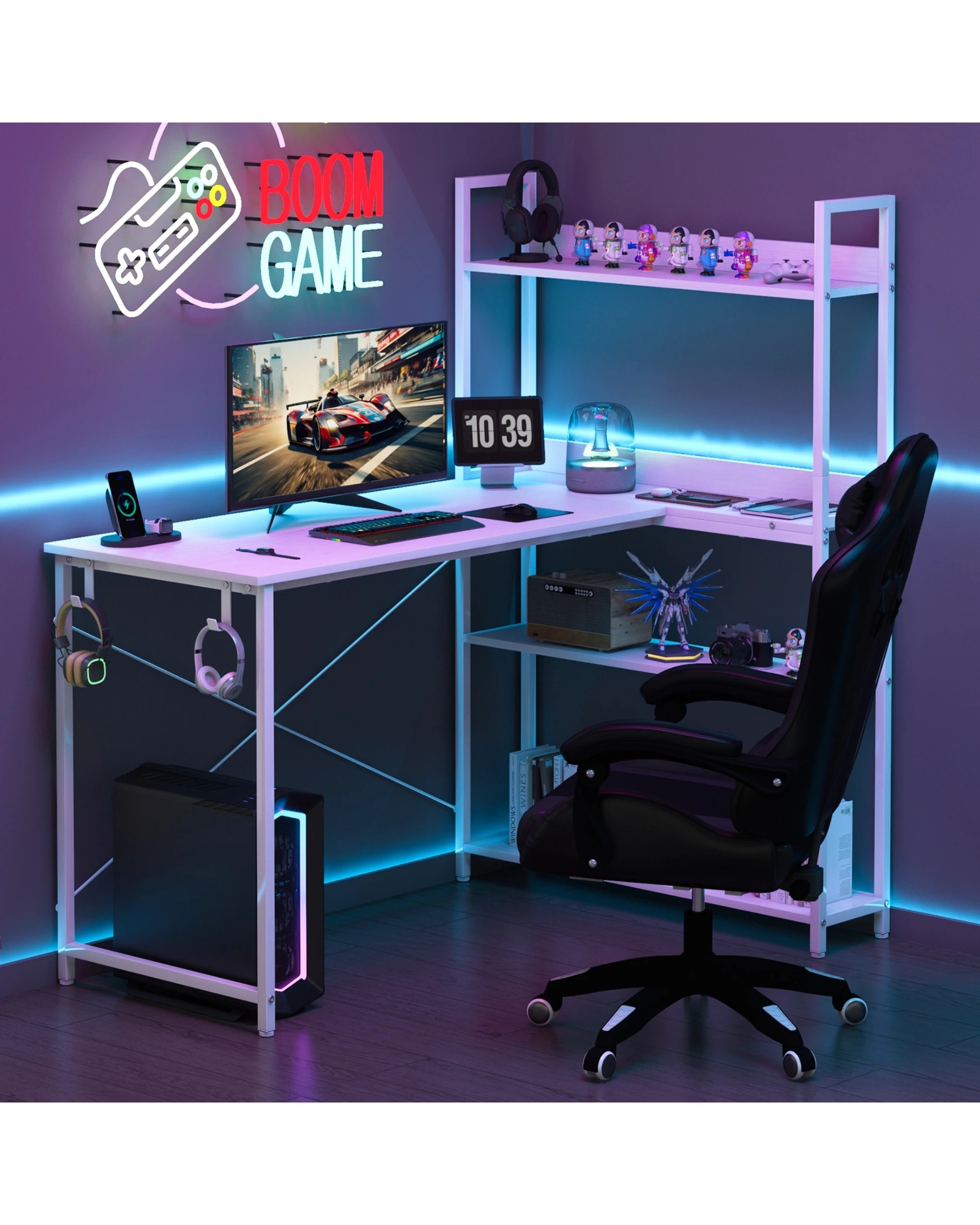 9 Advwin 110cm L Shaped Computer Desk With Reversible Storage Shelves Corner Desk White, 9 of 10