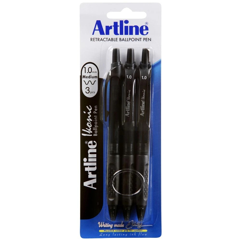 1 Artline Ikonic Retractable Ballpoint Pen Black 3 Pack, 1 of 3