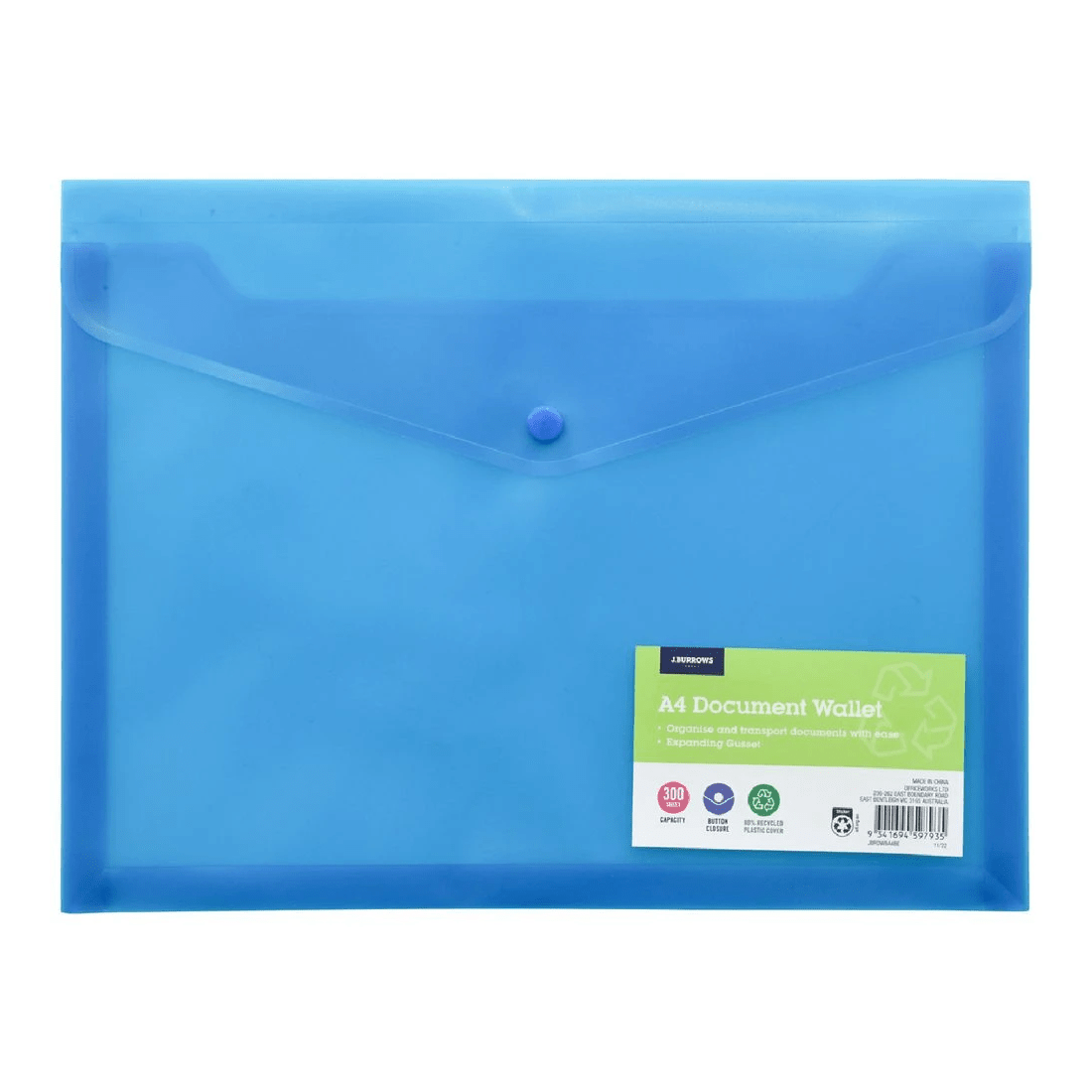 1 J.Burrows A4 Button Document Wallet Blue, 1 of 5