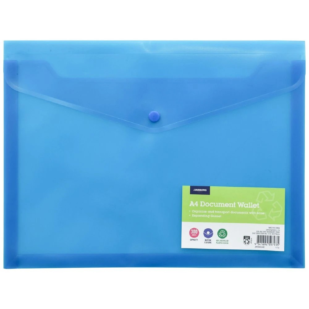 1 J.Burrows A4 Button Document Wallet Blue, 1 of 5