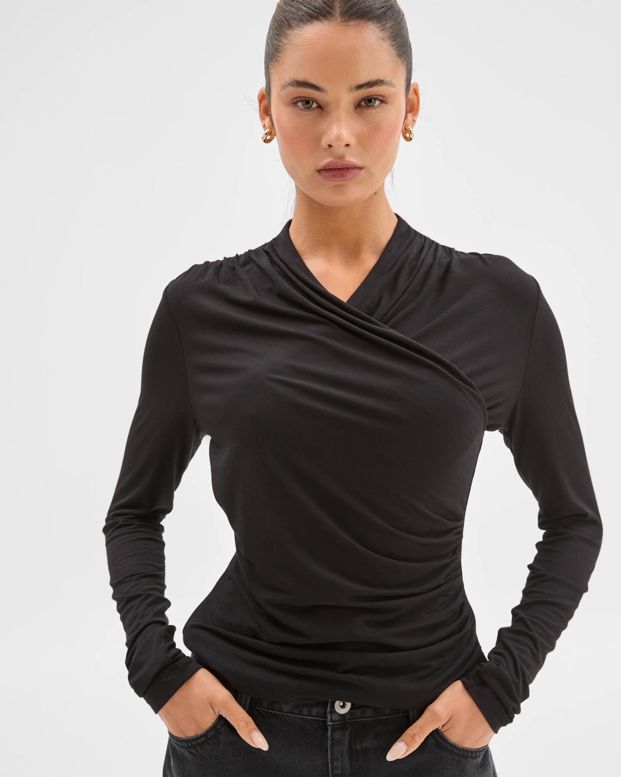5 Lily Loves Long Sleeve Crossover Drape Top BLACK, 5 of 8