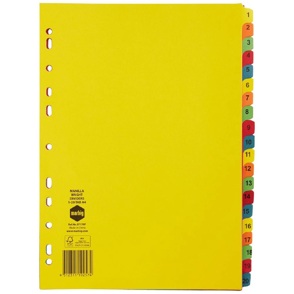 1 Marbig A4 1-20 Dividers Bright Colours, 1 of 1