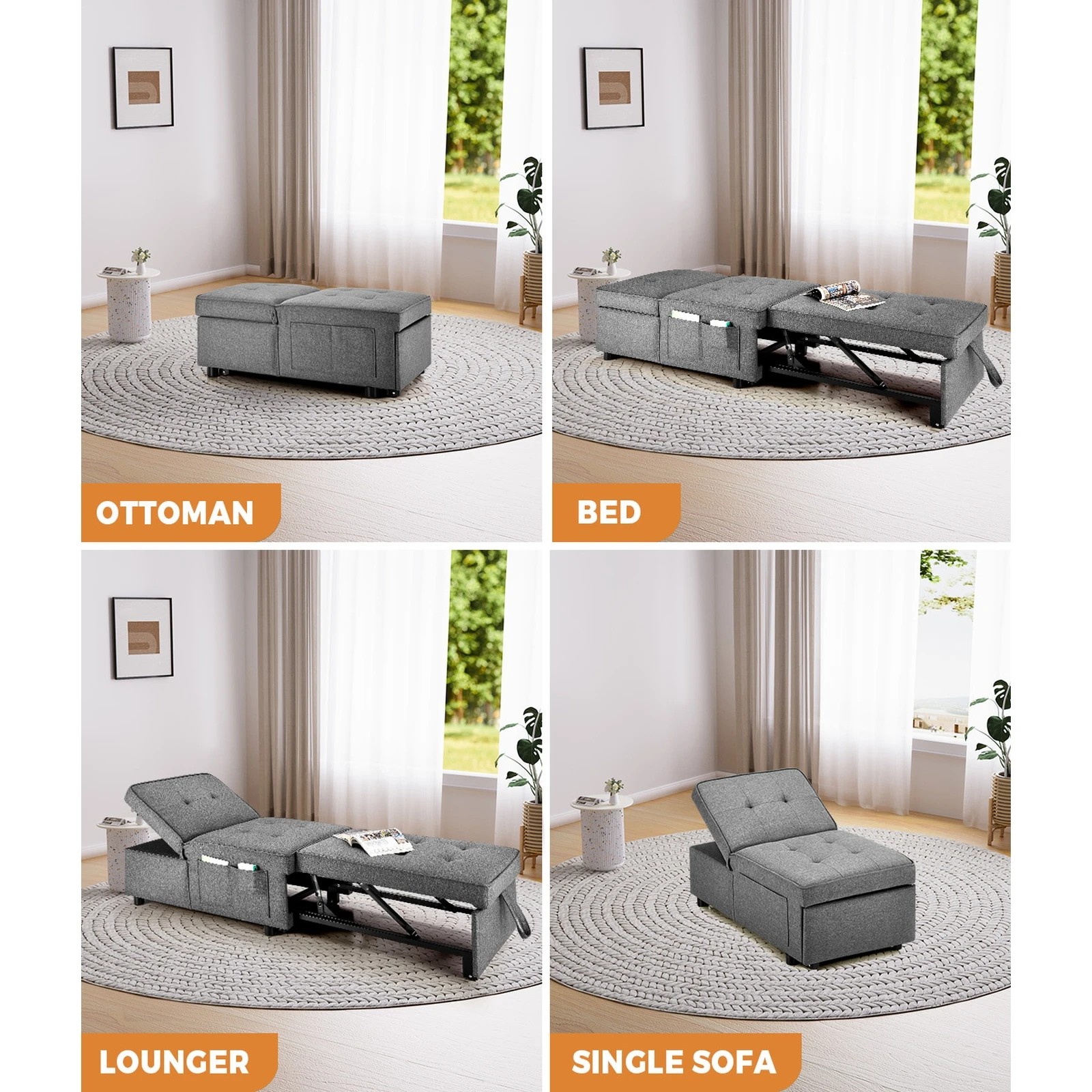 4 Oikiture 4 In 1 Convertible Sofa Bed Ottoman Couch Lounge Recliner Chair Linen
 - Grey, 4 of 10