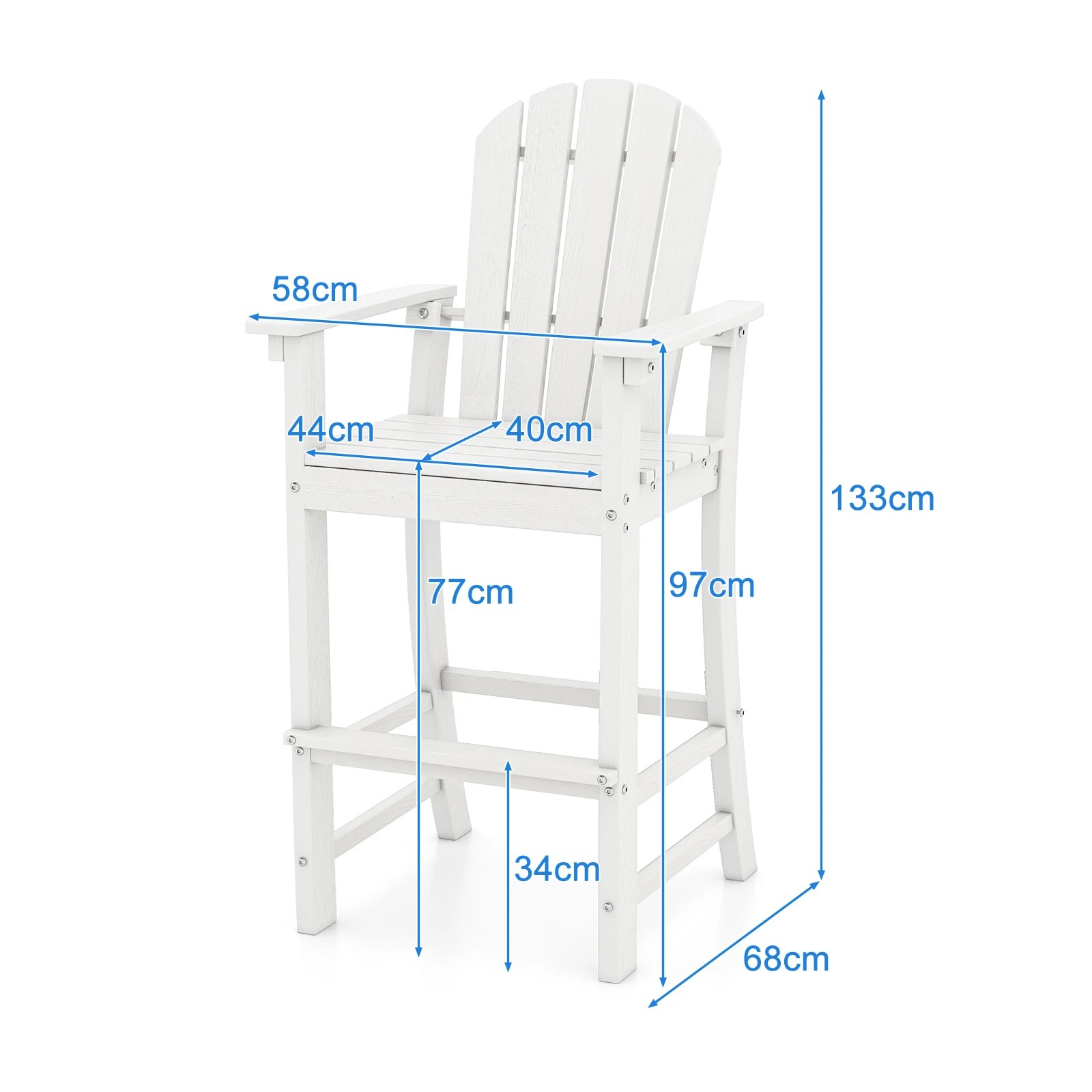 2 Costway 1.33M Tall HDPE Bar Stool Outdoor Adirondack Chair w/Footrest, 2 of 3