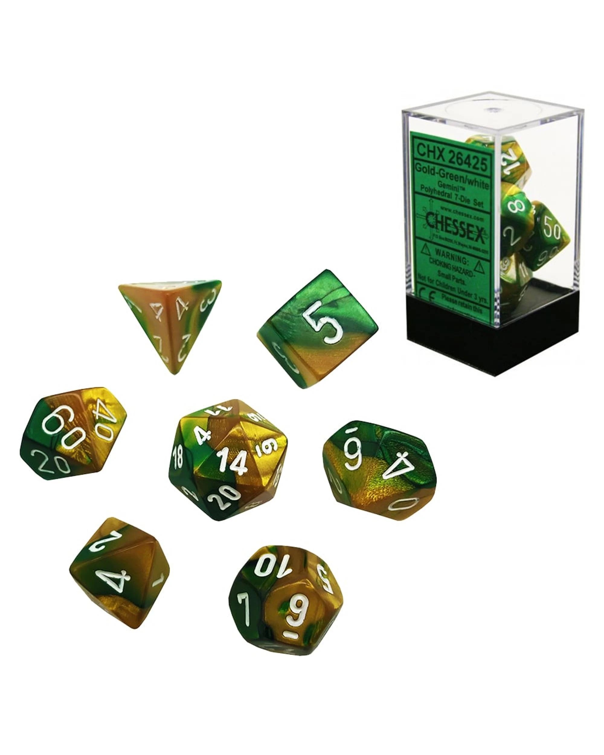 1 Chessex Gemini Polyhedral 7-Die Dice Set - Gold/Green and White, 1 of 3