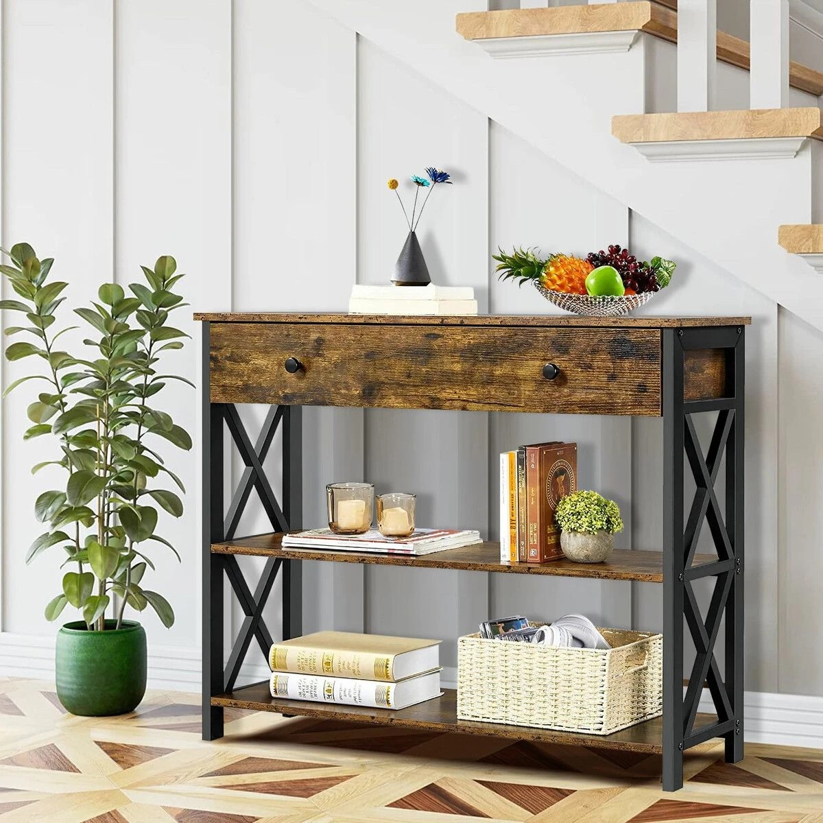 4 LUXSUITE Industrial Console Table with Drawer Hall Entryway, 4 of 8