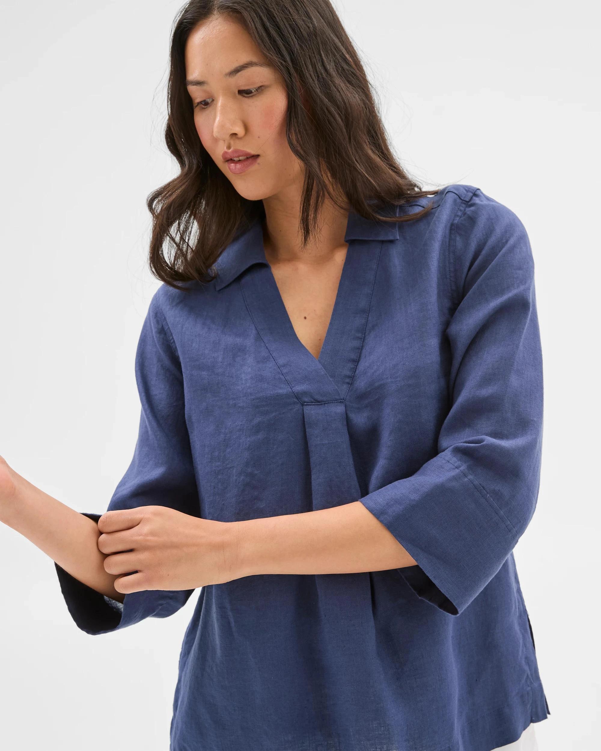 3 Target Woman European Linen 3/4 Sleeve Popover Shirt BLUE INDIGO, 3 of 4