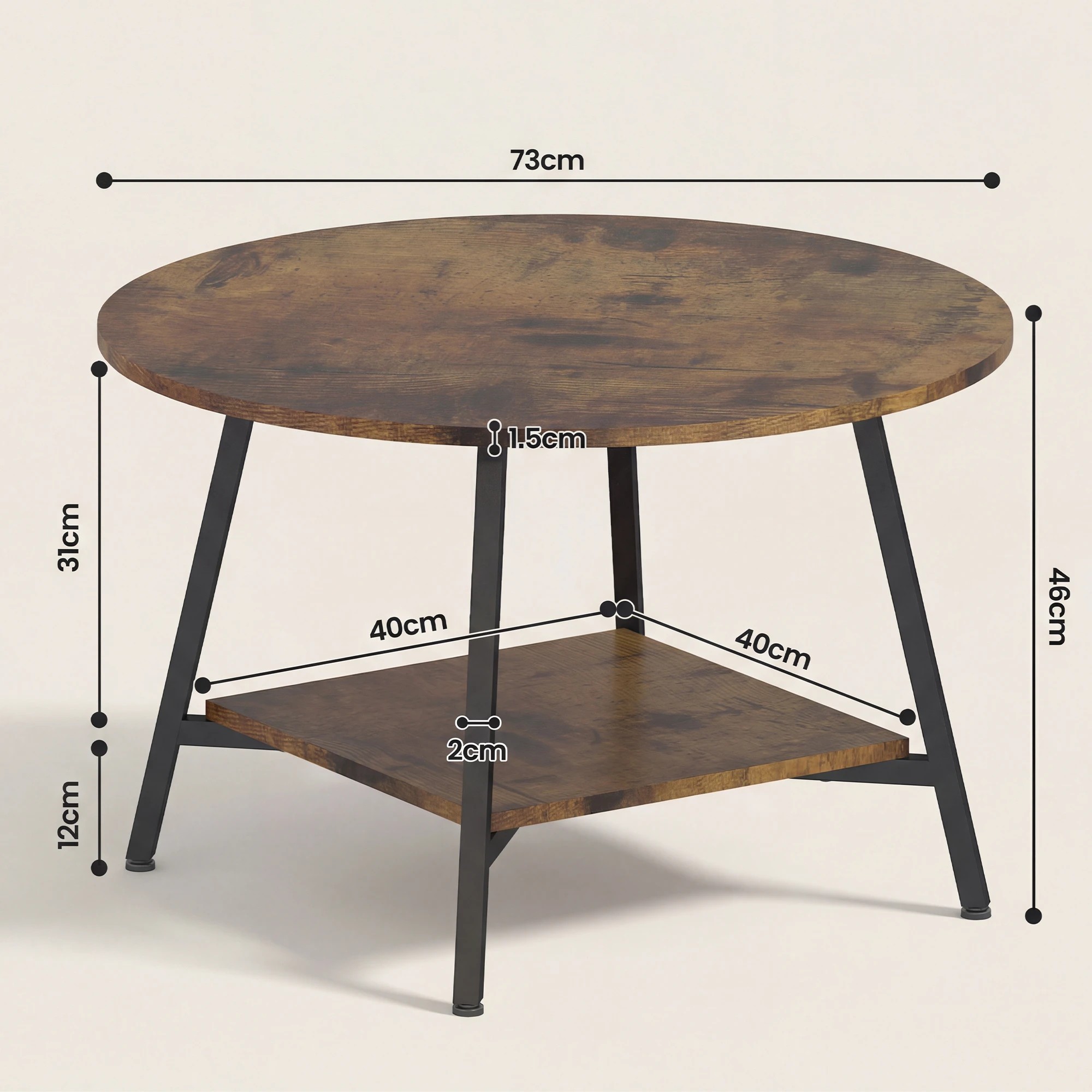 2 Advwin 73cm Round Coffee Table w/ Open Shelf - Brown, 2 of 9