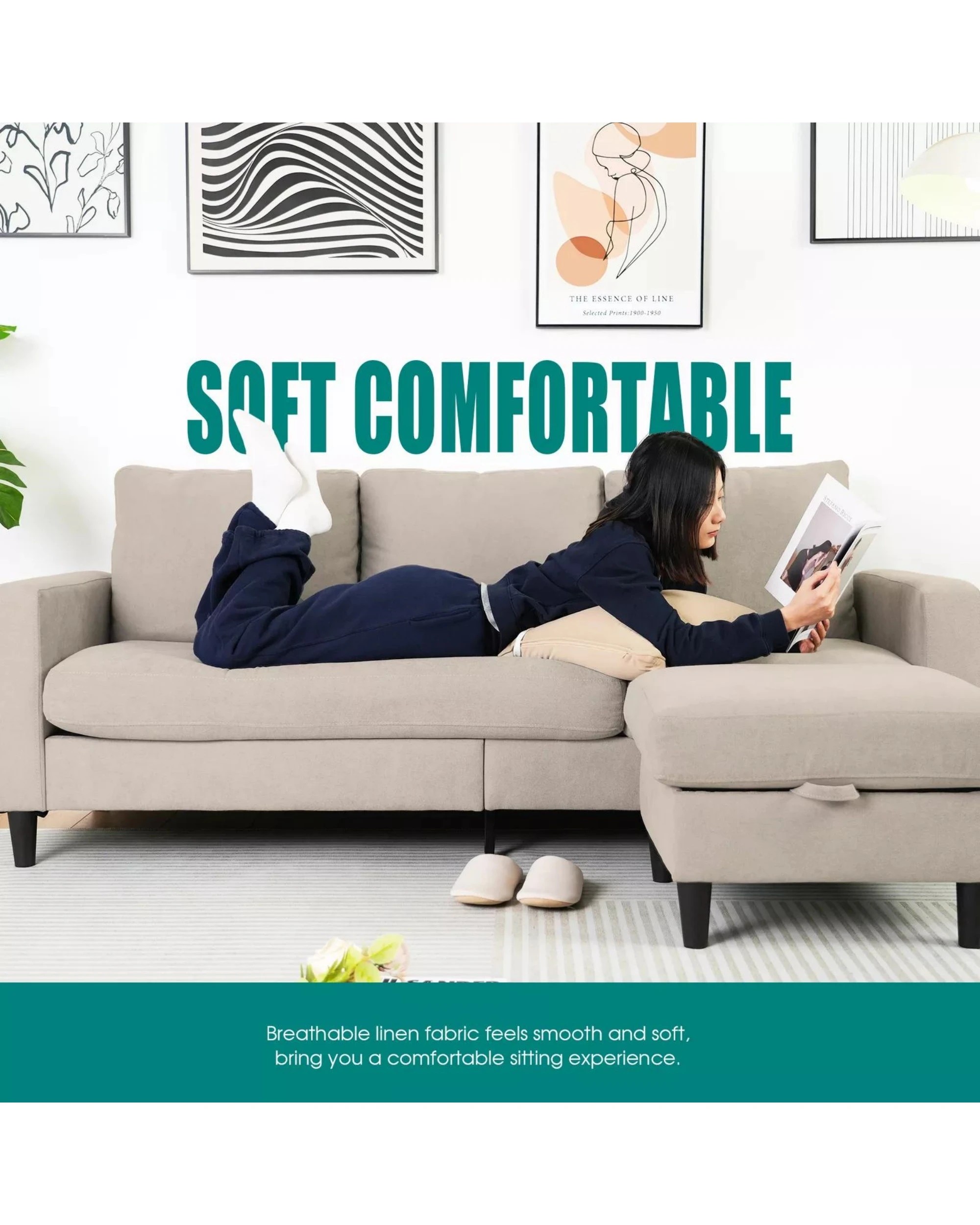 8 Advwin 3 Seater Sofa Modular Lounge Chaise Set Corner Couch W/ Storage Ottoman Beige, 8 of 10