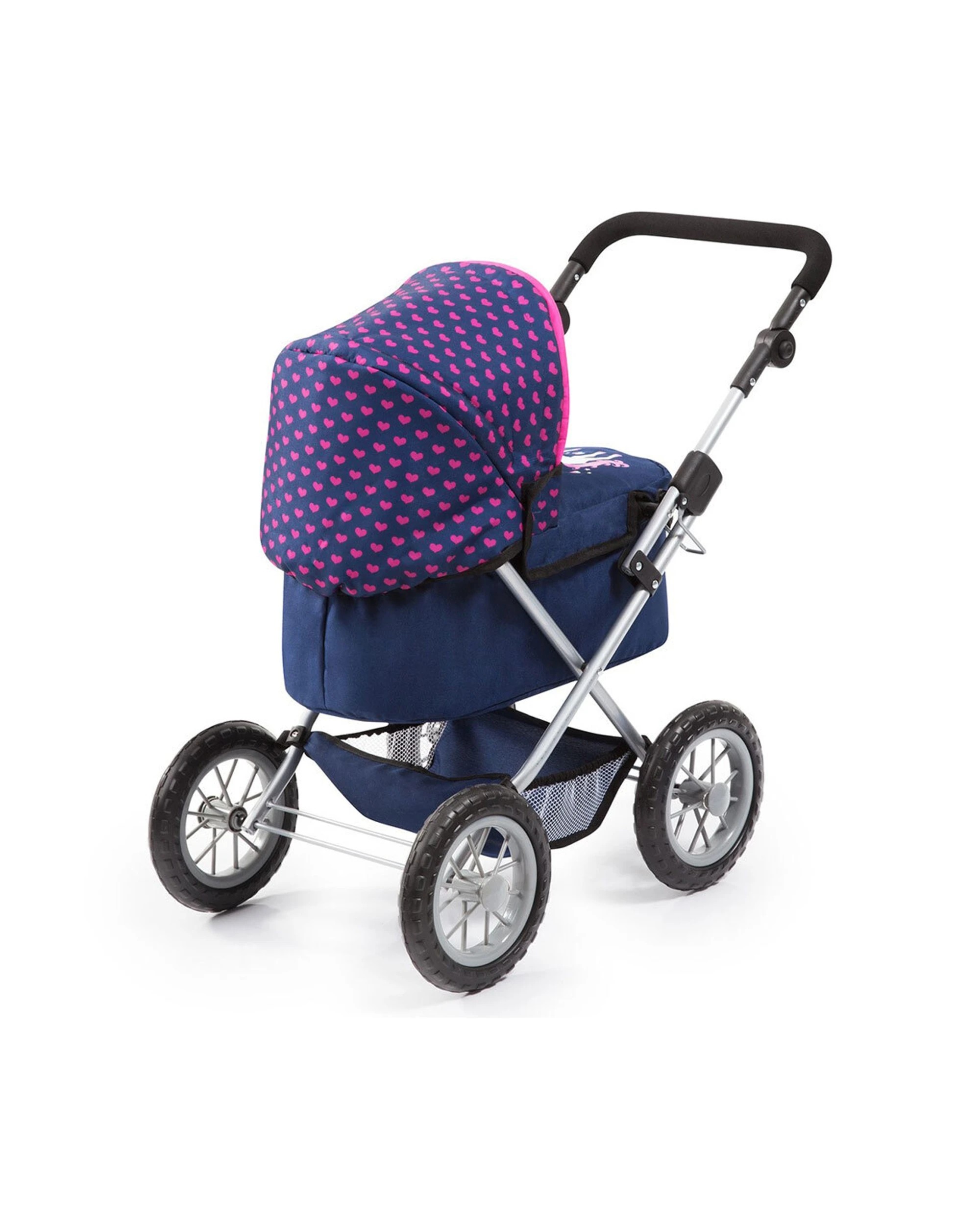 2 Bayer Doll Pram Stroller Toy 68cm Adjustable Handle Dark Blue Pink Hearts Unicorn 3 Years Plus - Blue, 2 of 3