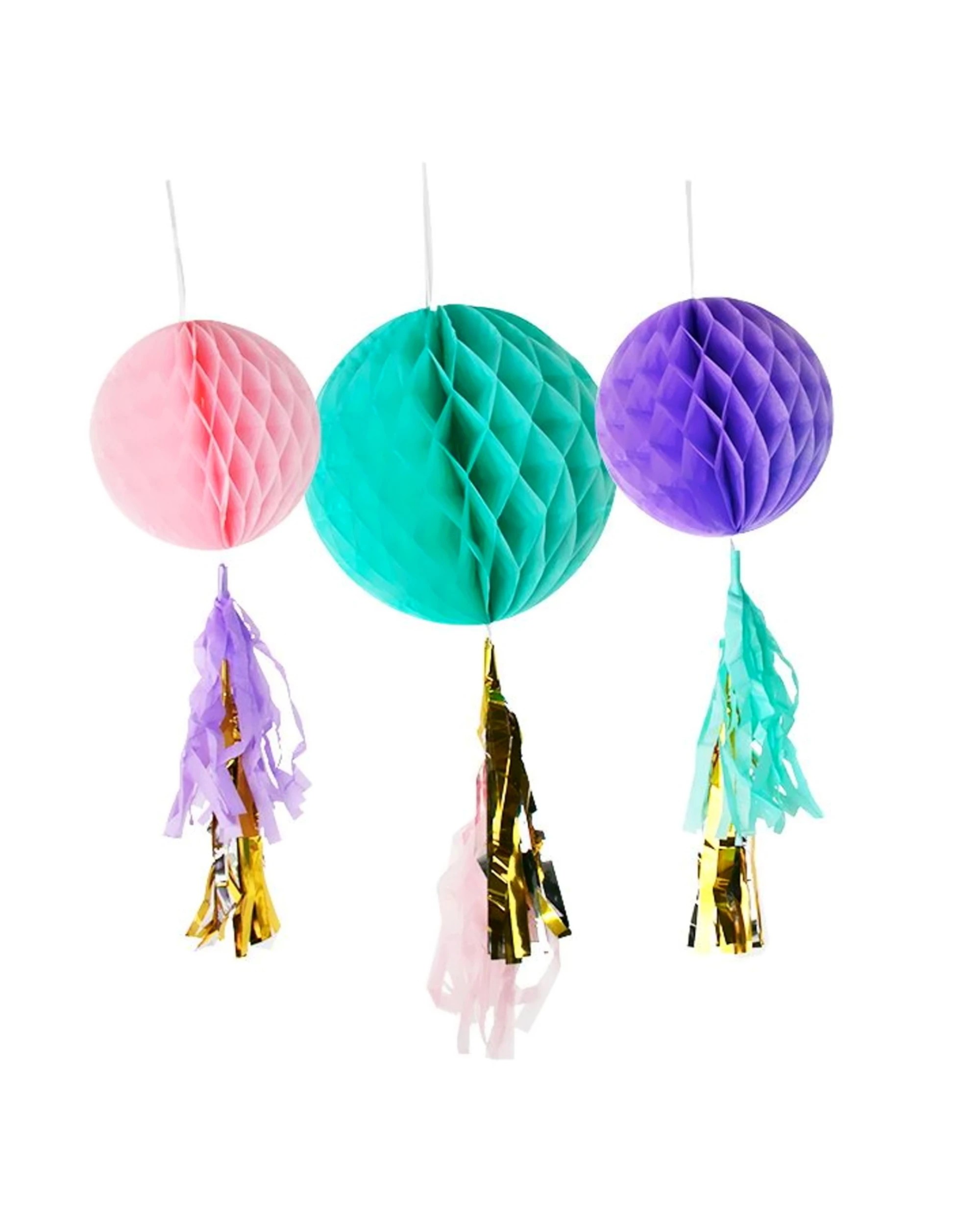 1 Party Maker Pastel Light Pink, Purple & Teal Honeycomb Balls With Gold Tassels - Multi, 1 of 3