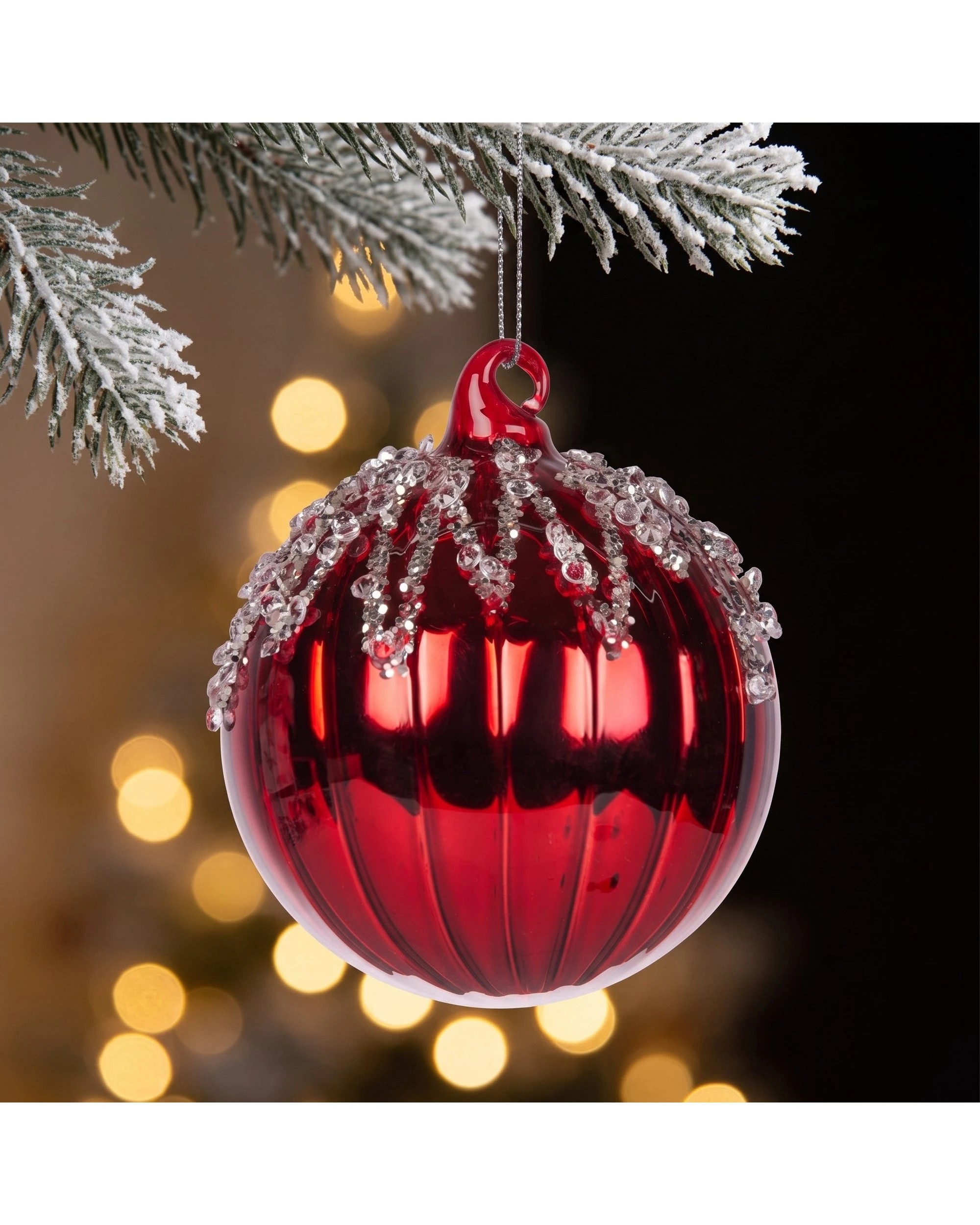 7 Christabelle 6 Red Glass Christmas Baubles Jewel Ice Drips 8cm Xmas Tree Decorations Hanging Ornaments Gift Boxed Set, 7 of 7