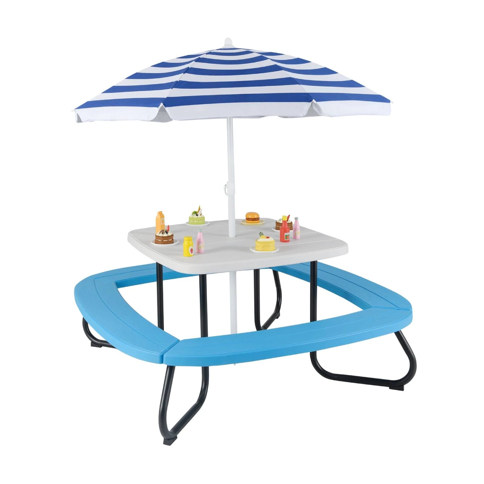 1 Costway 8 Person Picnic Table Set w/4 Built-in Benches & Umbrella - Blue, 1 of 1