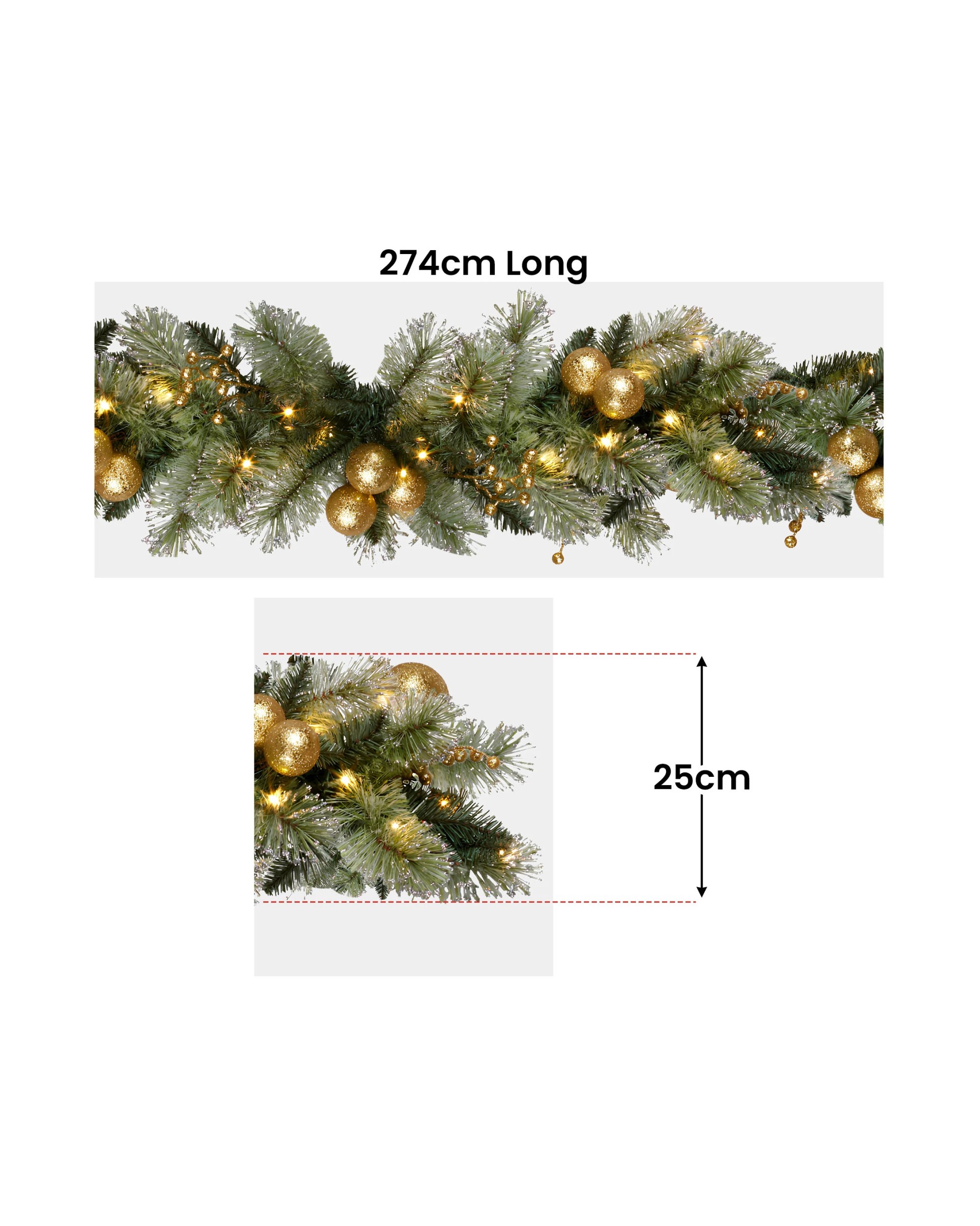 3 Christabelle 2.7m Christmas Garland With Gold Baubles And Led Lights Mantle Decoration Ornament, 3 of 7